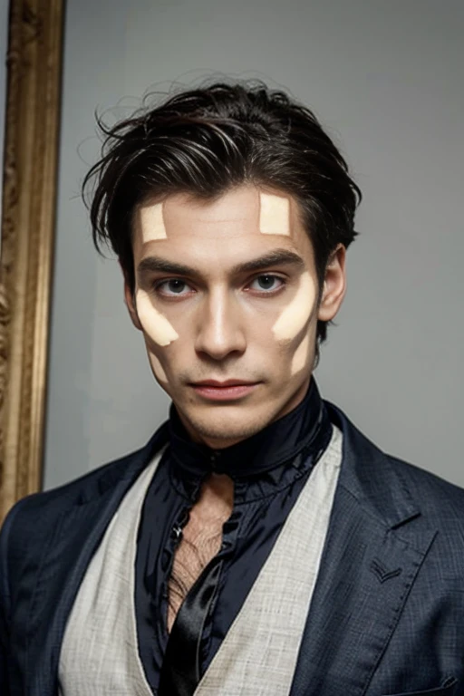 Un homme au visage angulaire, with high cheekbones and full lips, vêtu d'un costume élégant.