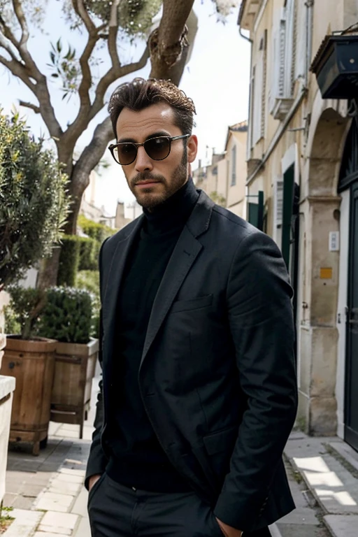 Un homme avec un teint olive, des cheveux noirs courts et une mâchoire carrée, arborant une paire de lunettes à monture d'acier.