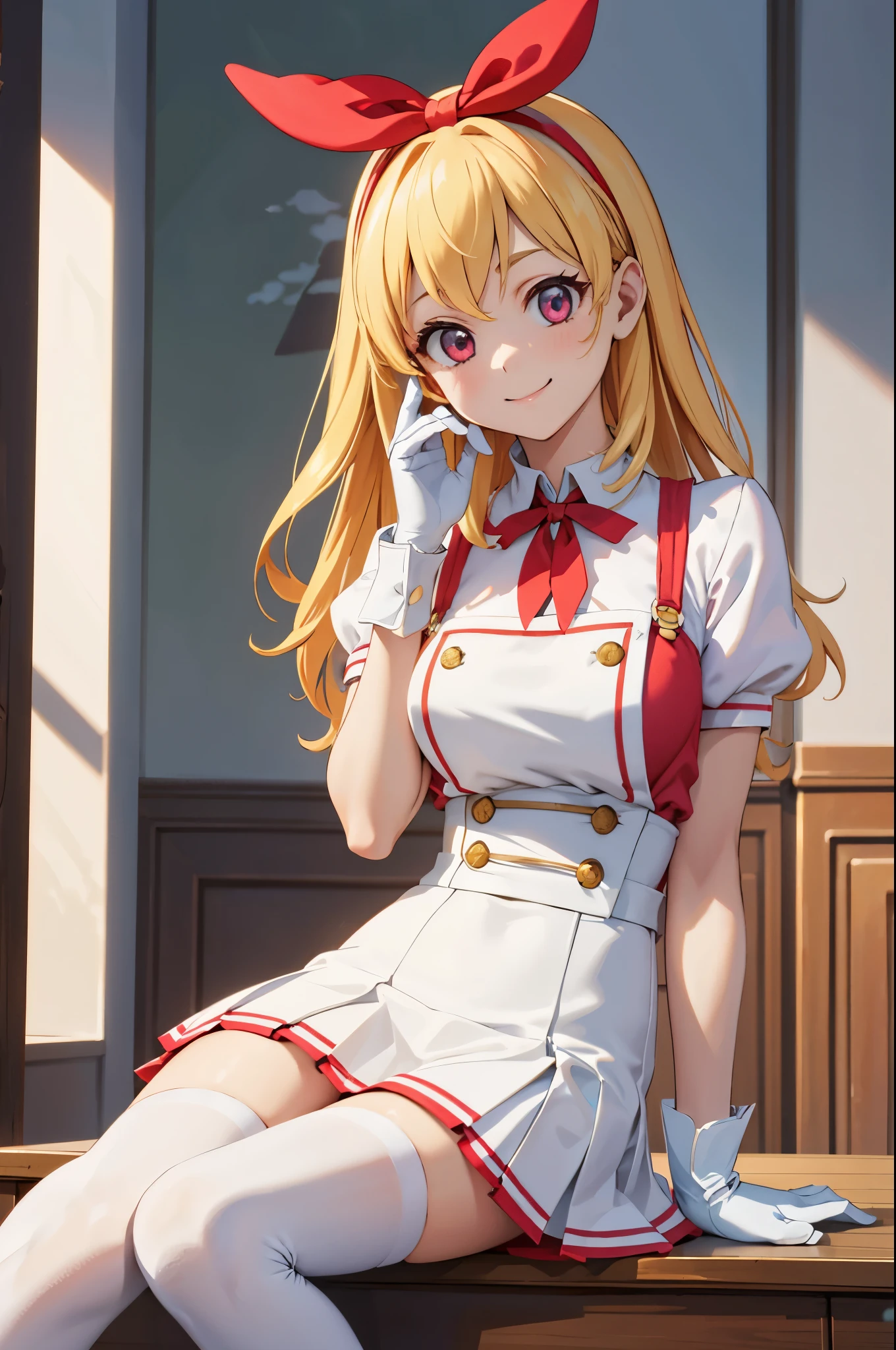 (best quality,4k,highres:1.2),ultra-detailed,realistic:1.37,portraits,vivid colors,indoor lighting

Girl with red ribbon on a headband is sitting at a table. She has beautiful blond hair and is wearing a nurse:1.5, white wear, ((white legwear, zettai ryouiki)), white gloves. She is looking at the viewer with an adorable smile. The scene has a very detailed background with perfect lighting. The girl is lifting her skirt slightly, revealing a pair of red panties with a pointed style from the bottom. The overall image should have the best quality, be in high resolution, and have vivid colors. The style of the image should be realistic with a focus on portraits. The lighting should create a warm and inviting indoor atmosphere.