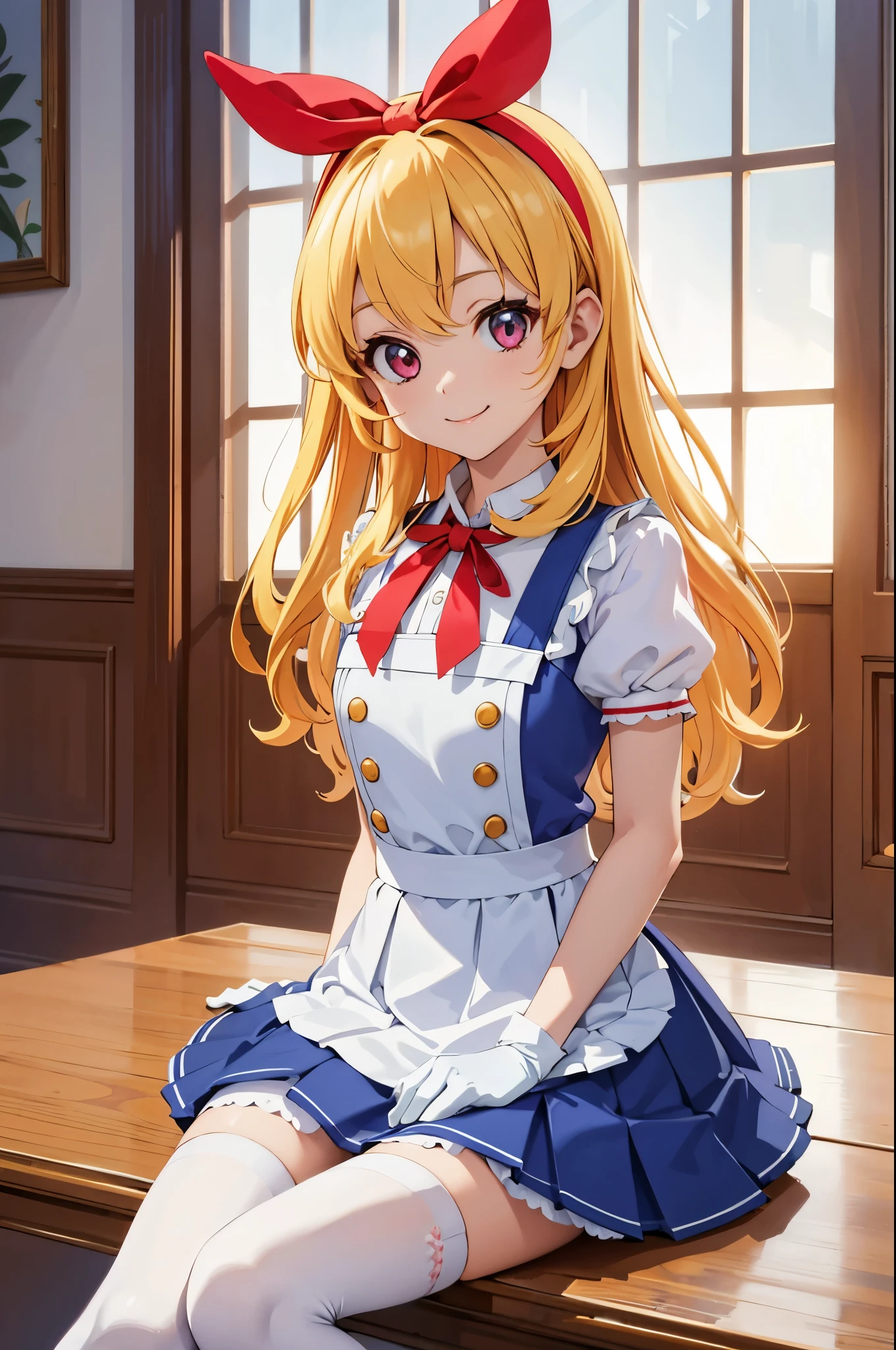 (best quality,4k,highres:1.2),ultra-detailed,realistic:1.37,portraits,vivid colors,indoor lighting

Girl with red ribbon on a headband is sitting at a table. She has beautiful blond hair and is wearing a nurse:1.5, white wear, ((white legwear, zettai ryouiki)), white gloves. She is looking at the viewer with an adorable smile. The scene has a very detailed background with perfect lighting. The girl is lifting her skirt slightly, revealing a pair of red panties with a pointed style from the bottom. The overall image should have the best quality, be in high resolution, and have vivid colors. The style of the image should be realistic with a focus on portraits. The lighting should create a warm and inviting indoor atmosphere.