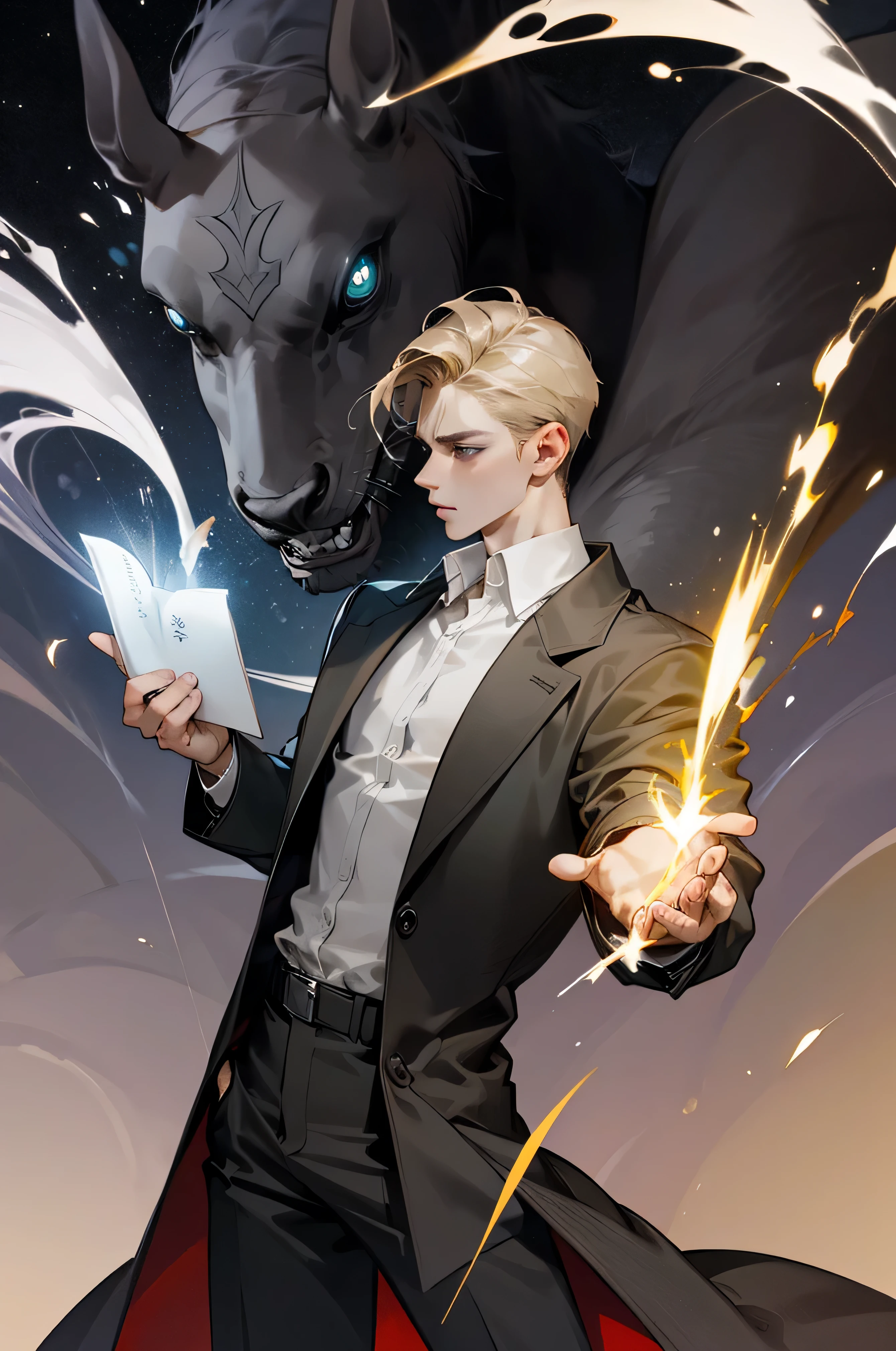 cover of a book, teenage male (17 years old), short ((light blond hair)), gray eyes, very handsome, (lean muscular build), surrounded by sparks of silver gray and dark gold magic flares of light, standing in demonic summoning circle holding black spell book, serious expression, very detailed, beautiful, best quality, (((perfect anatomy))), beautiful face. (((extra high quality))), Best quality, masterpiece, ultra-high-resolution, absurd, an epic and visually stunning digital artwork featuring a 17 year old male with an angular facial structure and a flat masculine chest. The character is adorned in a with dark colors (black pants with white button down shirt under a black and dark green jacket), cover for a book, photography of a sexy teenaged man, a solo man, (((man))), (masculine face), 17 years old, intelligent, bad boy, (((detailed gray eyes))), serious expressive look, ash blonde hair, (((night background))), shine hair, clean shaved, black, long sleeve jacket, super detailed face, perfect body, perfect shapes, 8k, (((perfect shiny eyes))), ((perfect face)), ((perfect hands))