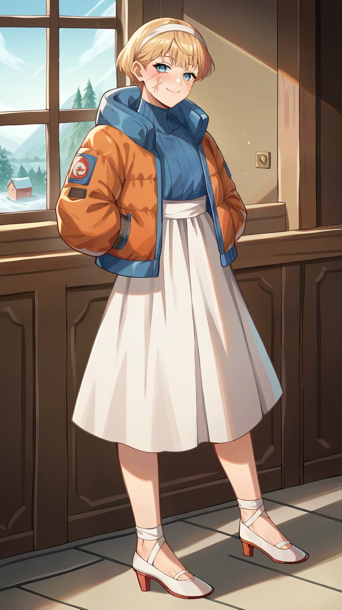 score_9, score_8_up, score_7_up, source_anime, rating_safe, solo, 1girl, apex legends wattson, wattson, scar, indoors, medieval home, medieval house, ballerina, ballerina outfit, aged down, , body, smal body, young, standing, smug, blush