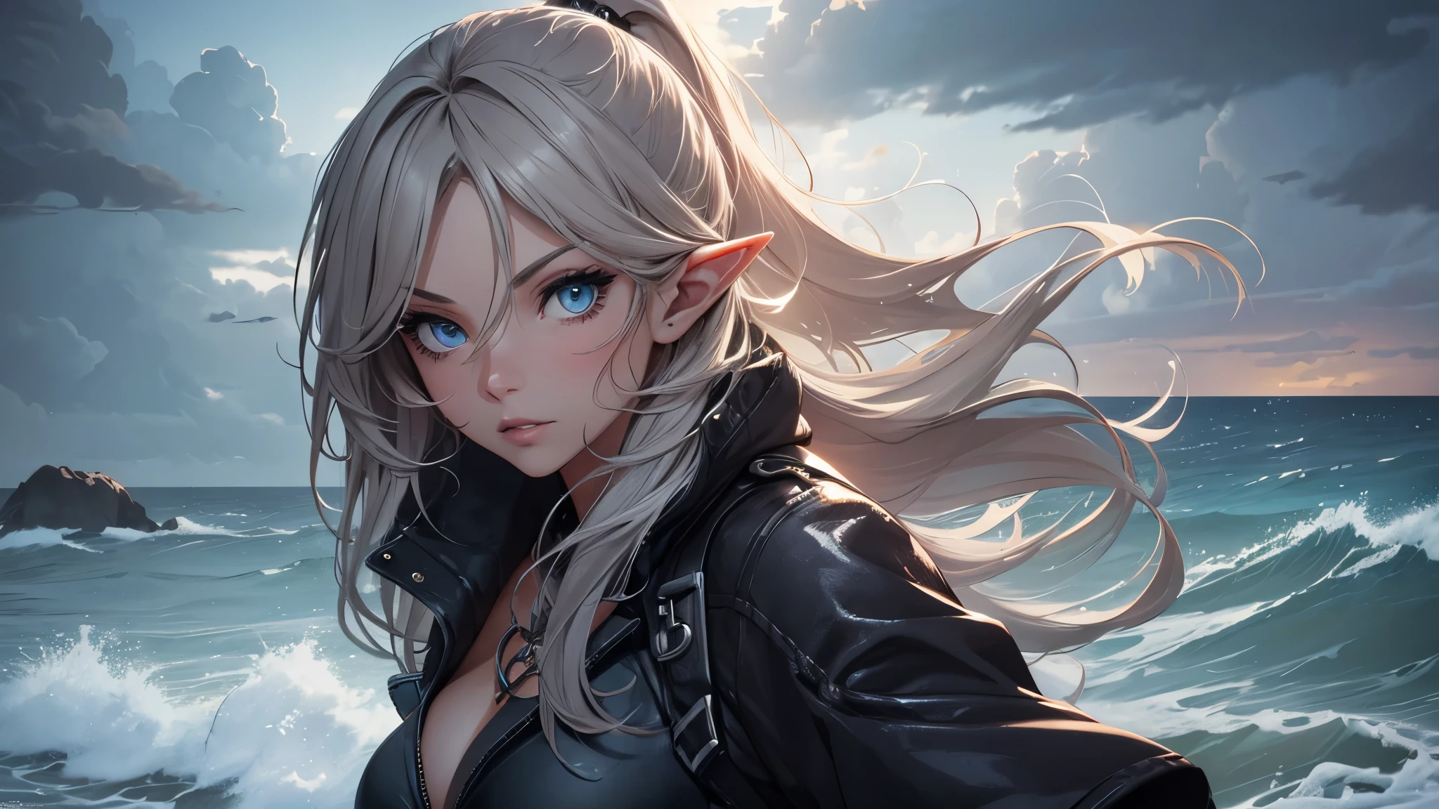 (best quality,ultra-detailed,highres:1.2),realistic,long-legged girl,(beautiful detailed eyes and face,high-resolution eyes),(beautiful detailed lips,high-resolution lips),(extremely detailed eyes and face:1.1),(long eyelashes:1.1),half-elf,model figure,(ash-colored ponytail:1.1),sexy pose,stormy beach,beach scene,graceful,wavy hair,stormy atmosphere,stormy sky,dramatic lighting,vivid colors,concept art style