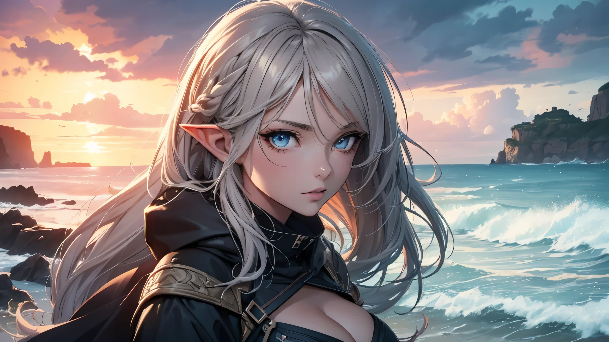 (best quality,ultra-detailed,highres:1.2),realistic,long-legged girl,(beautiful detailed eyes and face,high-resolution eyes),(beautiful detailed lips,high-resolution lips),(extremely detailed eyes and face:1.1),(long eyelashes:1.1),half-elf,model figure,(ash-colored ponytail:1.1),sexy pose,stormy beach,beach scene,graceful,wavy hair,stormy atmosphere,stormy sky,dramatic lighting,vivid colors,concept art style