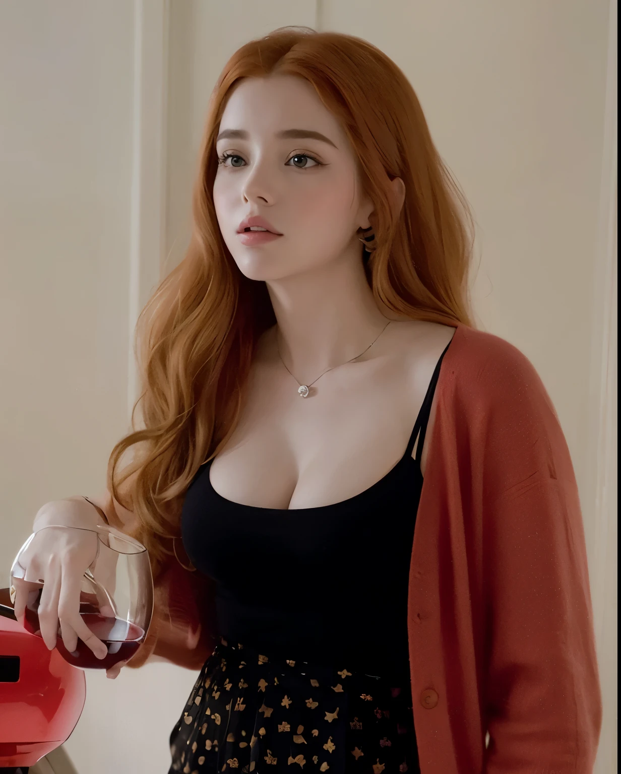 Arafed woman holding a glass of wine in front of a typewriter., escote, ella sostiene una copa de vino, promotion still, ella lleva una camiseta sin mangas negra, imagen promocional, hada ellie bamber, foto promocional, jodie bateman, cait miers, Amy Pond, ella es pelirroja, shallan davar, ella tiene el cabello rojo, su guardarropa es atractivo