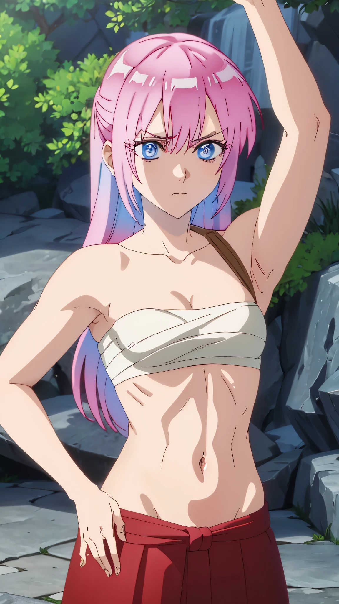 masterpiece, highres, solo, 8k, detailed, perfect face, (ultra high quality), looking viewers, armpit, small breast, cleavage, pink hair, long hair, blue eyes, sharp eyes, belly, stomach, navel, abs, midriff, sarashi chest, bandaged breast, slim body, upper body, red hakama, emotionless, flat face, at forest