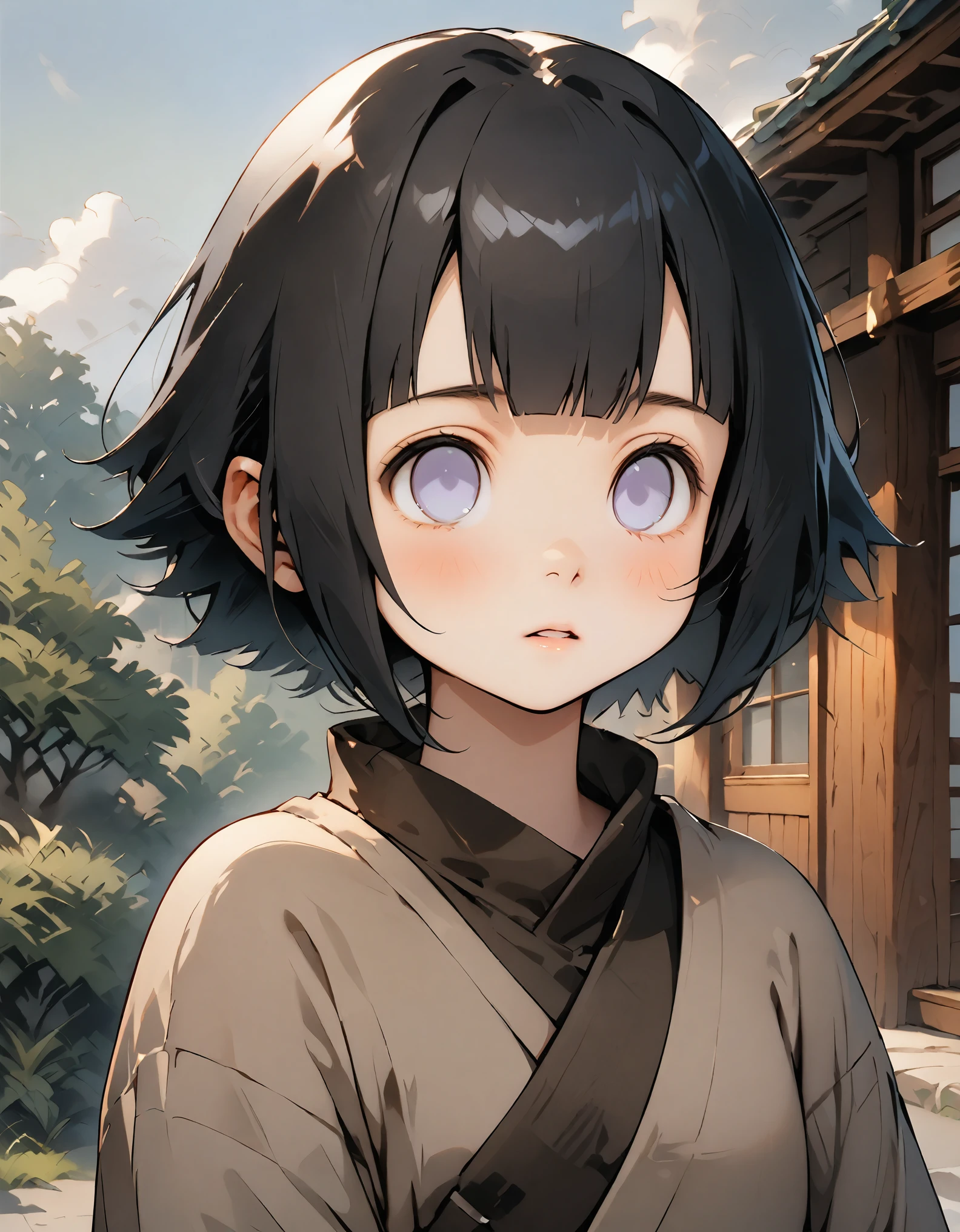 masterpiece, best quality, 1girl, hyuuga hinata, black hair, short hair, white eyes, no pupils, konohagakure, upper body, solo, looking at viewer, house inside, japanese house, meadow background,