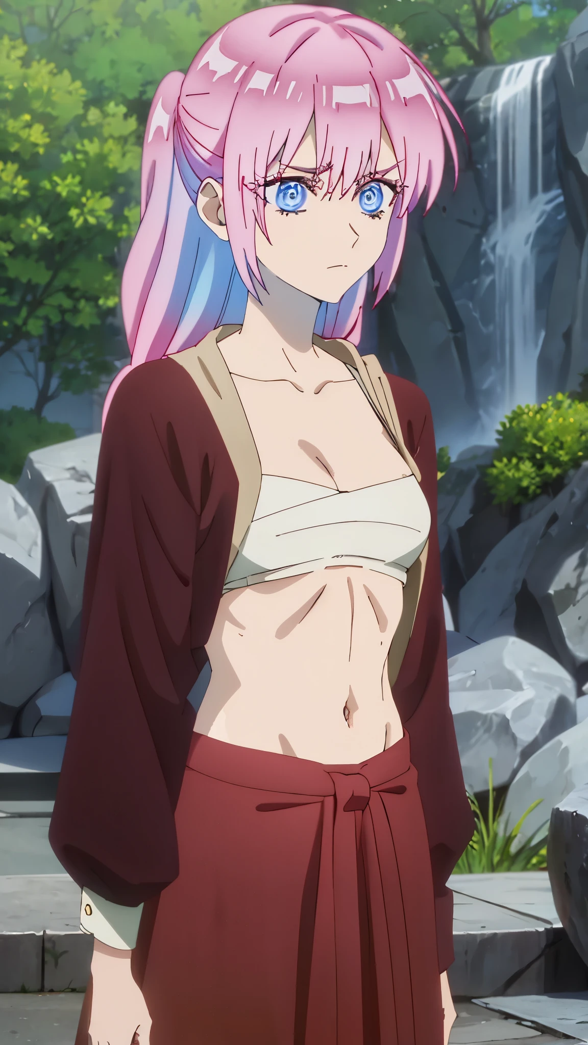 short girl, masterpiece, highres, solo, 8k, detailed, perfect face, best quality, (ultra high quality), (looking at viewers), (armpit), collarbone, bare arms, small breast, cleavage, silver hair, violet eyes, belly, stomach, navel, abs, ahoge, sarashi chest, bandaged breast, white bandage, (blue hakama), slim body, upper body, emotionless, flat face, at forest, hand up