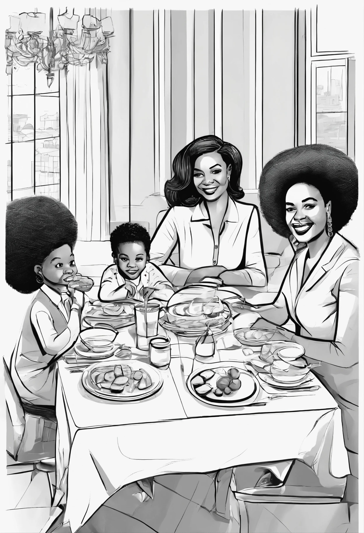best quality, masterpiece, photo, 4K, photorealistic, highly detailed, an african family having breakfast at a table, dad in suit and tie, mom in headwrap, school uniforms for the boy and girl, simple interior, black and white, thick lines, closeup