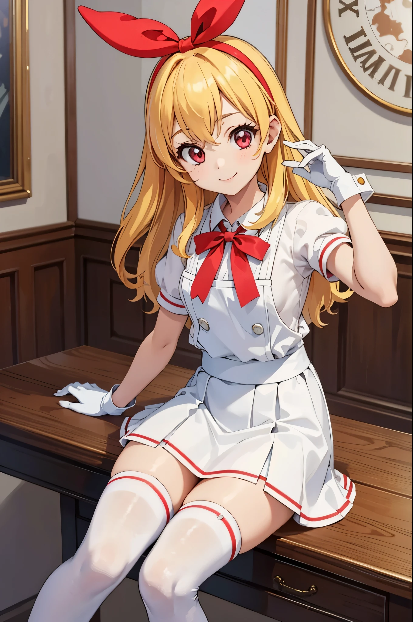 (best quality,4k,highres:1.2),ultra-detailed,realistic:1.37,portraits,vivid colors,indoor lighting,（nsfw:0.88）,

Girl with red ribbon on a headband is sitting at a table. She has beautiful blond hair and is wearing a nurse:1.5, white wear, ((white legwear, zettai ryouiki)), white gloves. She is looking at the viewer with an adorable smile. The scene has a very detailed background with perfect lighting. The girl is lifting her skirt slightly, revealing a pair of red panties with a pointed style from the bottom. The overall image should have the best quality, be in high resolution, and have vivid colors. The style of the image should be realistic with a focus on portraits. The lighting should create a warm and inviting indoor atmosphere.