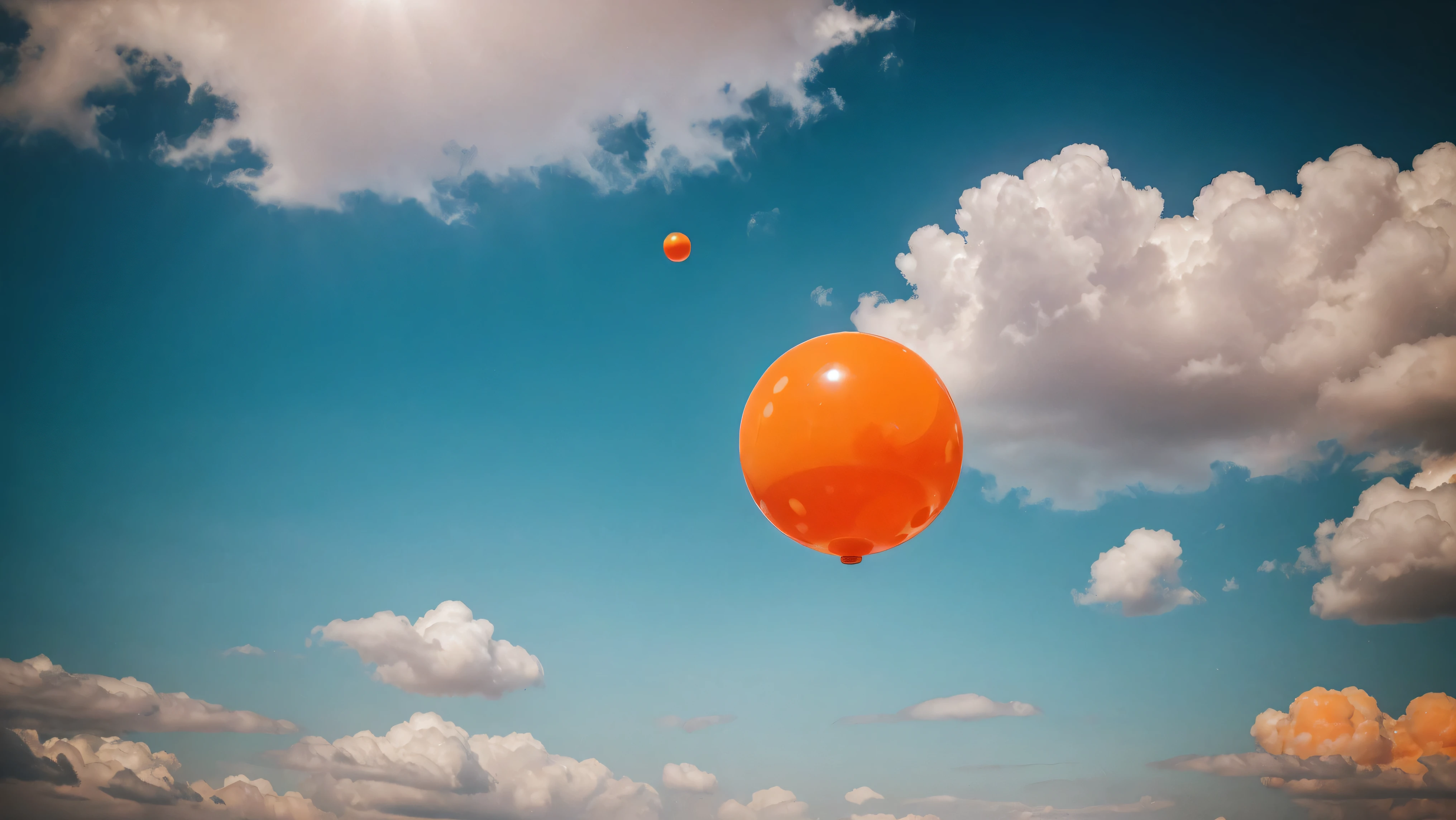 orange rubber balls soaked in water droplets lie on clouds,Balls intertwined with clouds , a tunnel of clouds and orange rubber balls lie along it, hyperdetalization of rubber balls, splashes of water, blue sky, the sun's rays shine brightly, soft and delicate color, soft lighting,8k, improved detail, high quality,8k, full HD, (f/1.2, f/1.4, f/1.8) Focal length is 28mm, pink rubber ball with high detail and high roughness under the waterfall in focus, background is blurred,