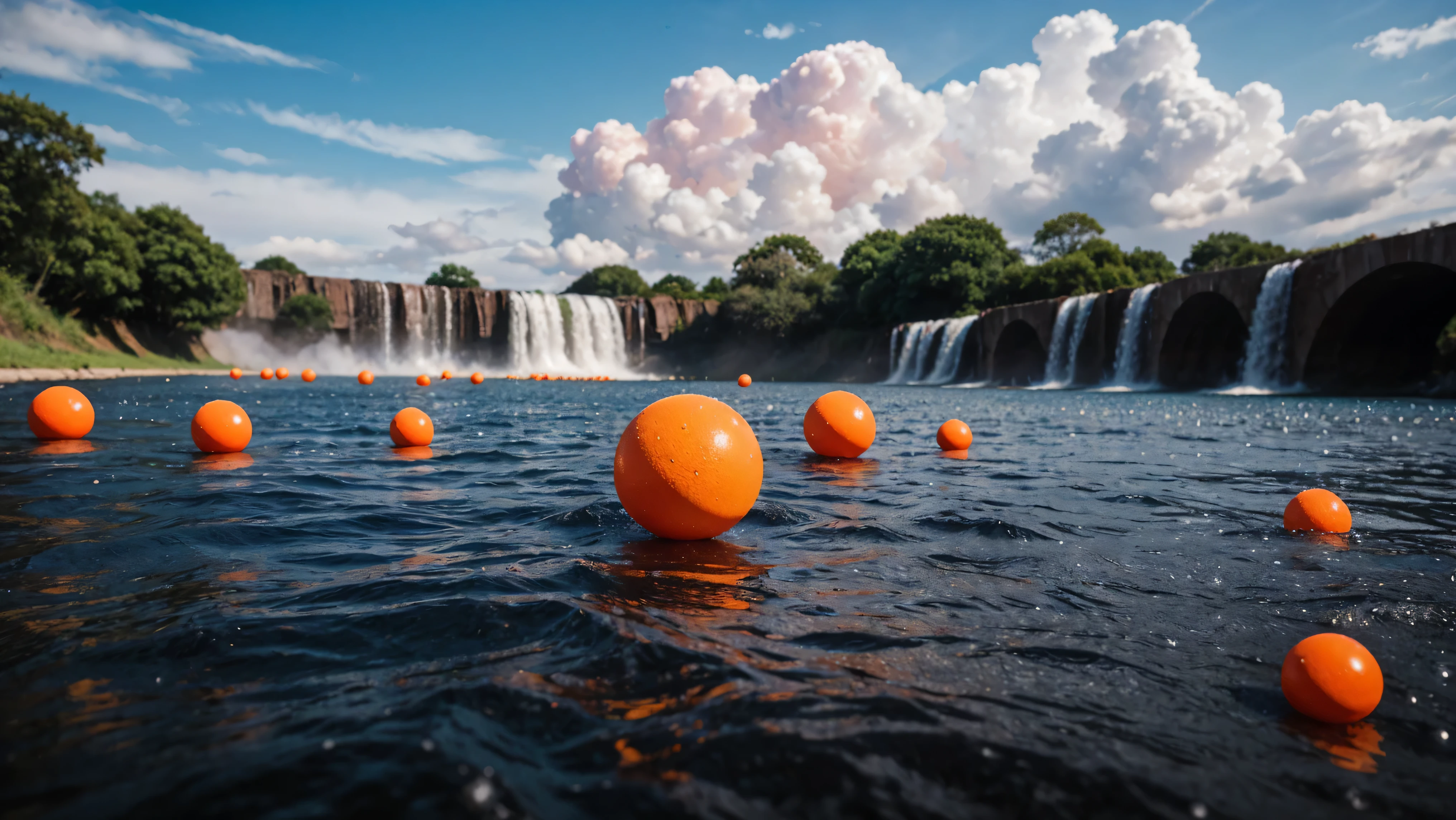 orange rubber balls soaked in water droplets lie on clouds,Balls intertwined with clouds , a tunnel of clouds and orange rubber balls lie along it, hyperdetalization of rubber balls, splashes of water, blue sky, the sun's rays shine brightly, soft and delicate color, soft lighting,8k, improved detail, high quality,8k, full HD, (f/1.2, f/1.4, f/1.8) Focal length is 28mm, pink rubber ball with high detail and high roughness under the waterfall in focus, background is blurred,