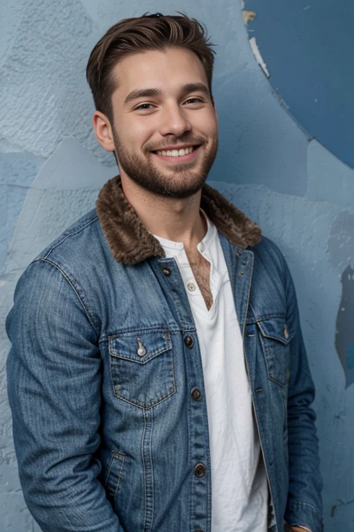 30-year-old Caucasian male with short brown hair and a full beard, wearing a blue jacket, smiling, with a blue wall in the background