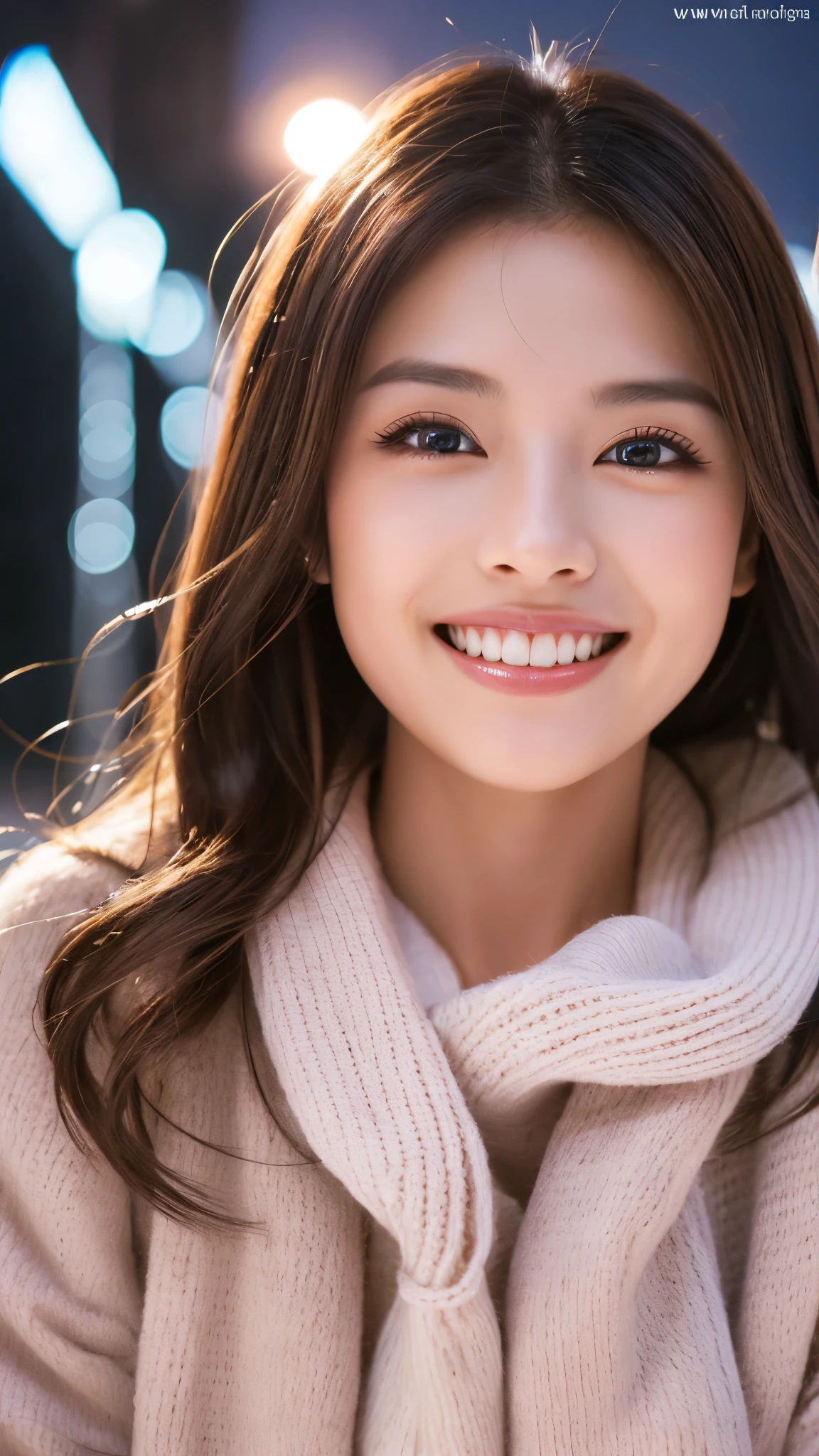highest resolution, 4k, masterpiece: 1.3), japanese mature, photo of a woman, sexy: 1.1, fine eyes, slender body shape, realistic teeth, double eyelid, smile, whole body, highest quality, be familiar with, beauty, night, illumination, winter