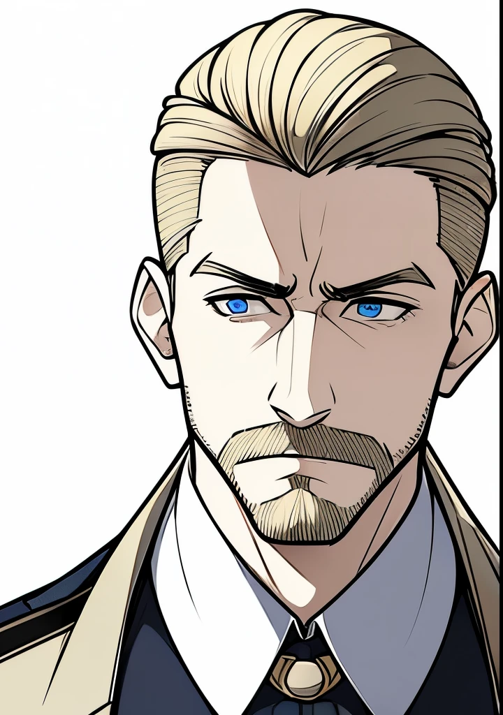 Young Adult male, white and tender skin, pale blonde slicked back combed short hair, kaisermustache, ducktail beard, steel blue eyes, green and slightly mature, serious and emotionless facial expression,wearing world war 2 era german fatigues, portrait style, facing forwards