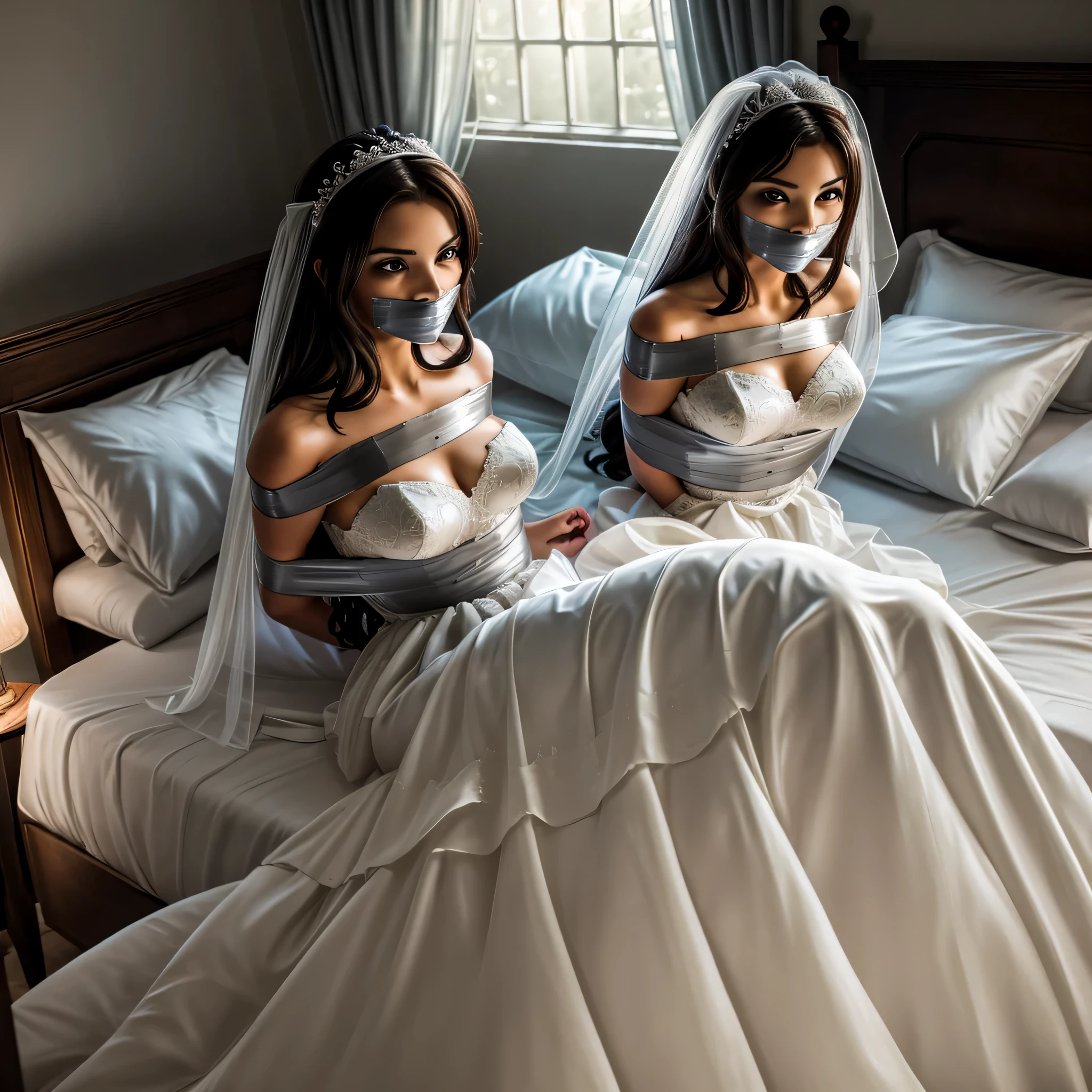 (bright lighting,romantic setting),bride captured, dreamy background,bondage,dark hair, mesmerizing gaze, , soft skin, alluring beauty, artistic portrait, high-quality image, vibrant colors, long silk gown, in the bed,tape bondage,tape gag, mosquito net, bridal