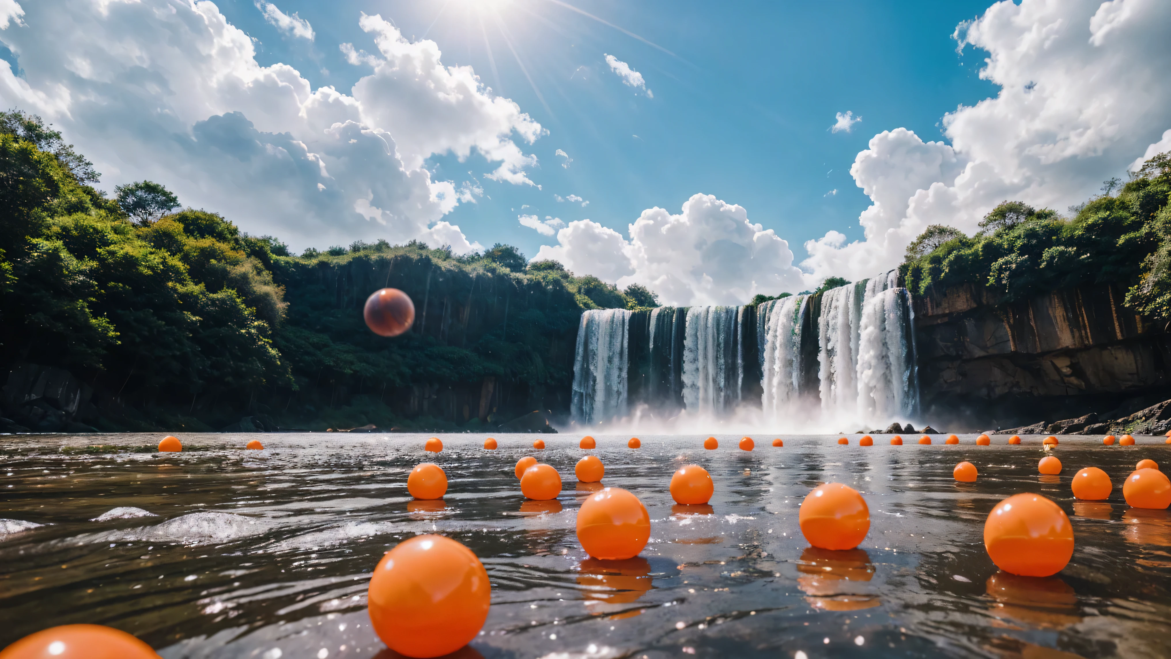 orange rubber balls soaked in water droplets lie on clouds,Balls intertwined with clouds , a tunnel of clouds and orange rubber balls lie along it, hyperdetalization of rubber balls, splashes of water, blue sky, the sun's rays shine brightly, soft and delicate color, soft lighting,8k, improved detail, high quality,8k, full HD, (f/1.2, f/1.4, f/1.8) Focal length is 28mm, pink rubber ball with high detail and high roughness under the waterfall in focus, background is blurred,