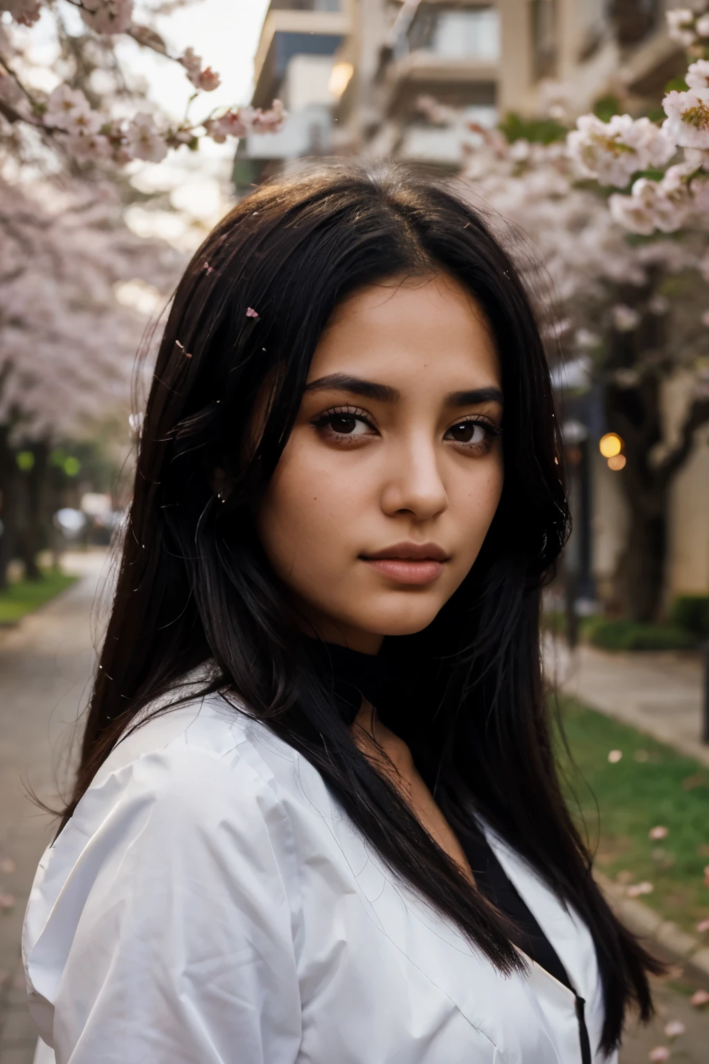 Arab girl with dark skin and black hair, yeux vert, cherry blossom in the background, dusk
