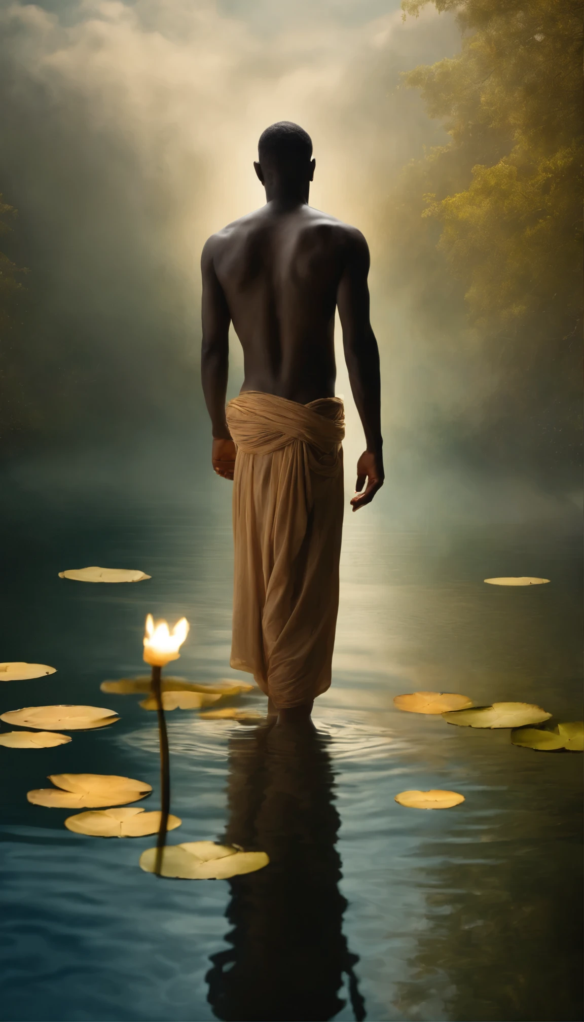 Beautiful black strong man With your mind calm and centered, visualize yourself stepping into a serene and tranquil garden, surrounded by vibrant colors and the soothing sounds of nature. Allow yourself to fully immerse in this peaceful environment, feeling a sense of deep relaxation and inner stillness washing over you.godly golden zeno light made of fire and thunder in Hands on hips Reminiscent of the classic superhero stance, stabilise yourself, stand tall and place your hands on your hips. lotus meditation in middle of water pond made of qabalah and qlippoth, channeling balance. virgo dream cycle. abstract surrealism, high quality, very detailed. meta modernity, quantic dimensional, simulation. high contrast between light and darkness, sfumato and chiaroscuro photography in the style of agostino arrivabene and remedios varo.