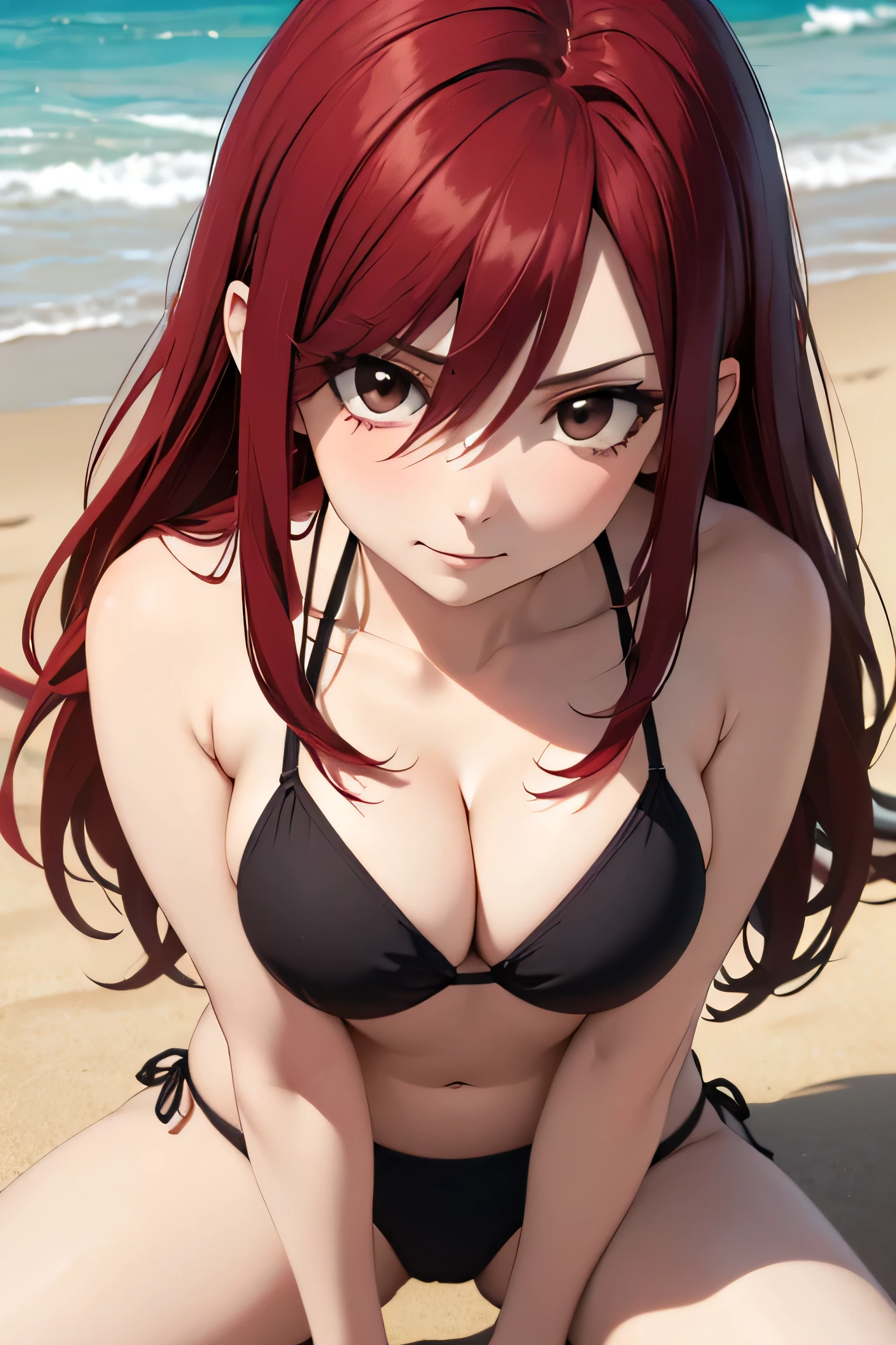 absurdres, high res, ultrasharp, 8K, {masterpiece}, expressive eyes, extremely detailed, best quality, perfect face, erza scarlet, long hair, (red hair:1.5), hair between eyes, (brown eyes:1.7), large breasts, pleased, beach, bikini, spread legs,