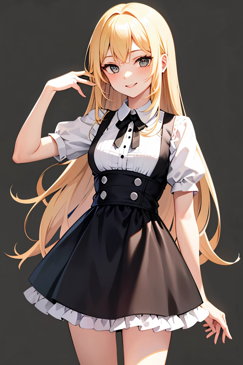 smile, Cafe , blonde , long hair , , looking at the viewer, cowboy shot, Are standing, 1 girl, upright , No pose ,simple background , illumination , black and white clothes , take no pose