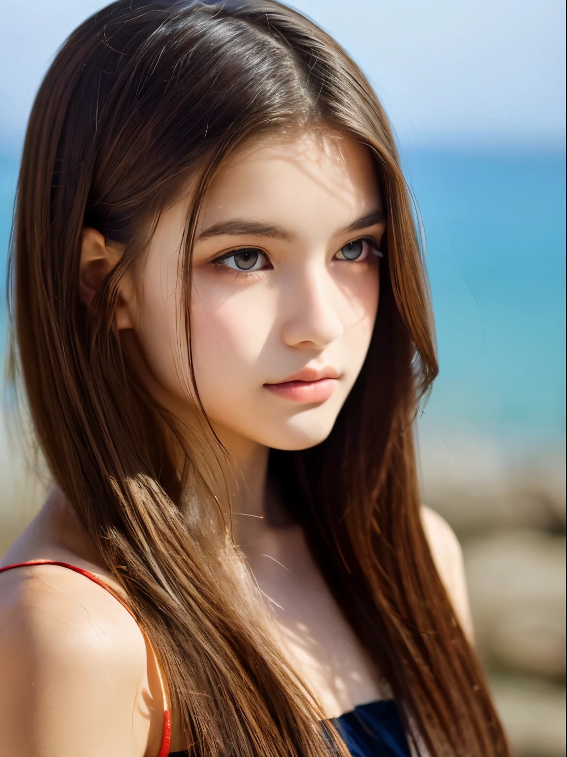 Beautiful woman in return., She is a teenage girl from Eastern Europe., She has long hair that blows in the wind., She has captivating detailed eyes and catch lights., She has double eyelids and eyeliner., She is wearing an off-shoulder knit dress., She has a dramatic nature and sunset background., A portrait style shot of her upper body.