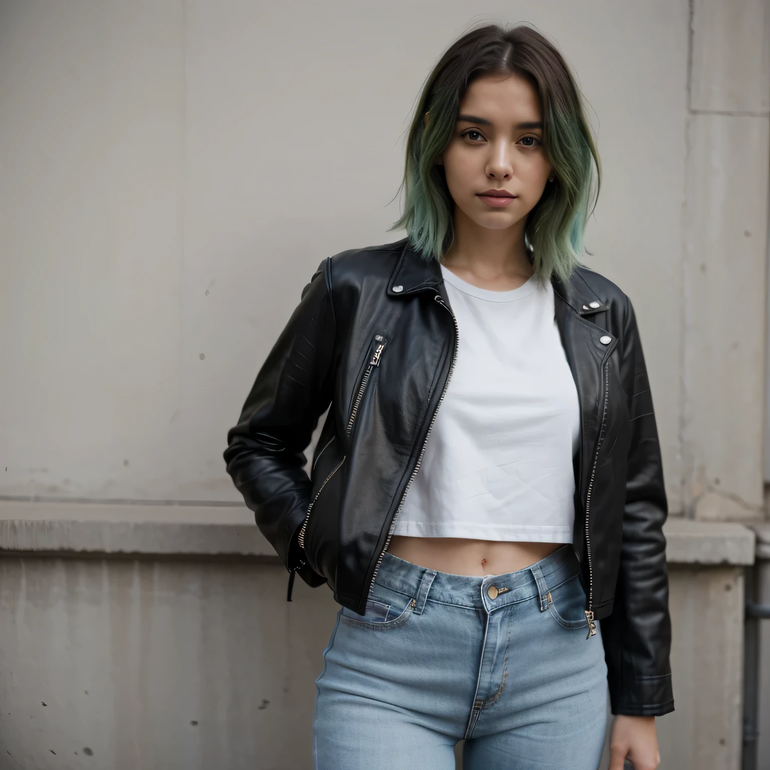 1girls, Nur, green Hair , 24 years old , Strong posture , Black leather jacket, white t-shirt, denim jeans