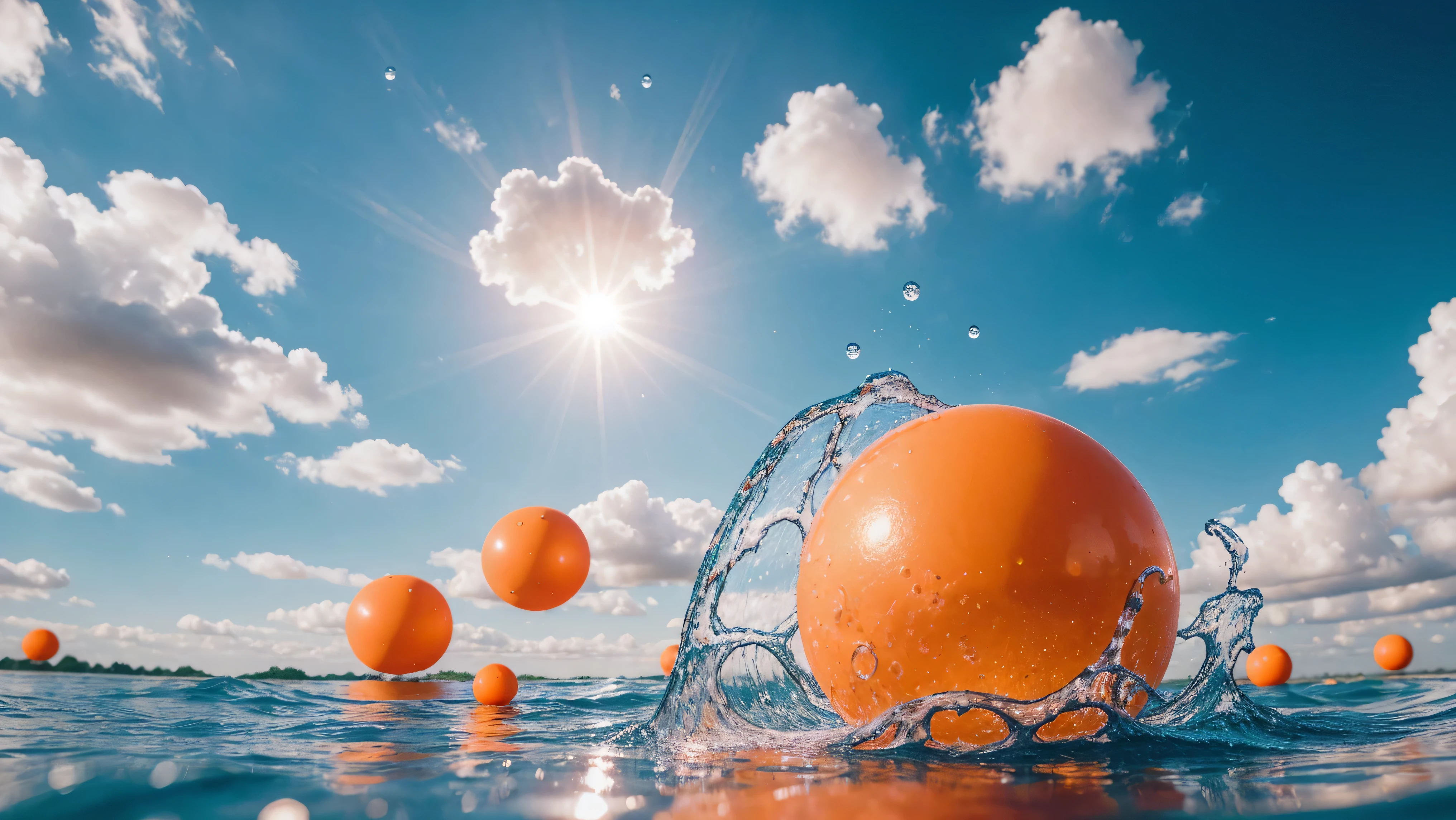 orange rubber balls soaked in water droplets lie on clouds,Balls intertwined with clouds , a tunnel of clouds and orange rubber balls lie along it, hyperdetalization of rubber balls, splashes of water, blue sky, the sun's rays shine brightly, soft and delicate color, soft lighting,8k, improved detail, high quality,8k, full HD, (f/1.2, f/1.4, f/1.8) Focal length is 28mm, pink rubber ball with high detail and high roughness under the waterfall in focus, background is blurred,