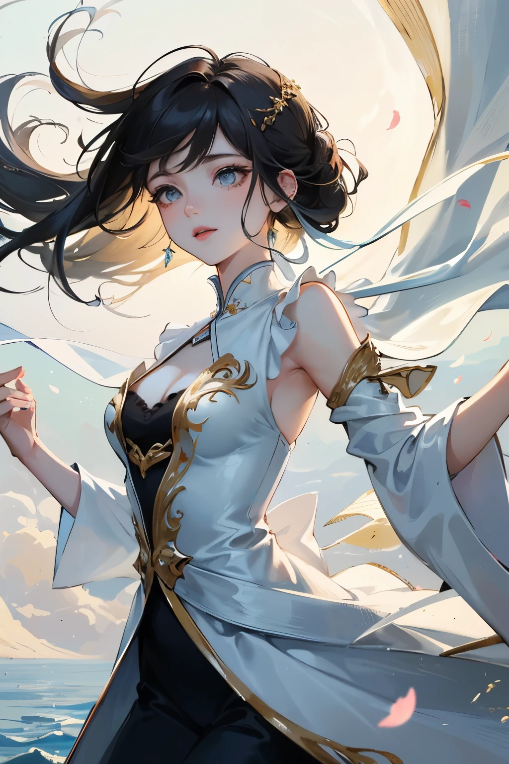 ((best quality)), ((masterpiece)), (detailed), perfect face, (masterpiece), (best quality), (ultra-detailed), A solo girl standing gracefully, her delicate figure silhouetted against the backdrop of a breathtakingly beautiful sky. The air is filled with a sense of serene tranquility as the wind gently rustles through her hair, causing the extremely delicate and beautiful fabric of her dress to billow softly around her. As she gracefully moves, flying splashes of water and petals accompany her, caught up in the ethereal dance of the wind. The scene is a symphony of beauty, with every detail meticulously crafted to evoke a sense of wonder and awe.