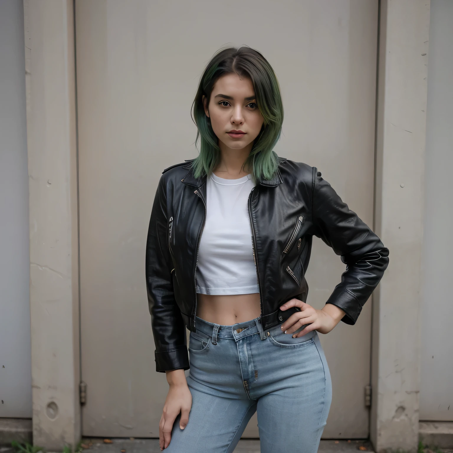 1girls, Nur, green Hair , 24 years old , Strong posture , Black leather jacket, white t-shirt, denim jeans