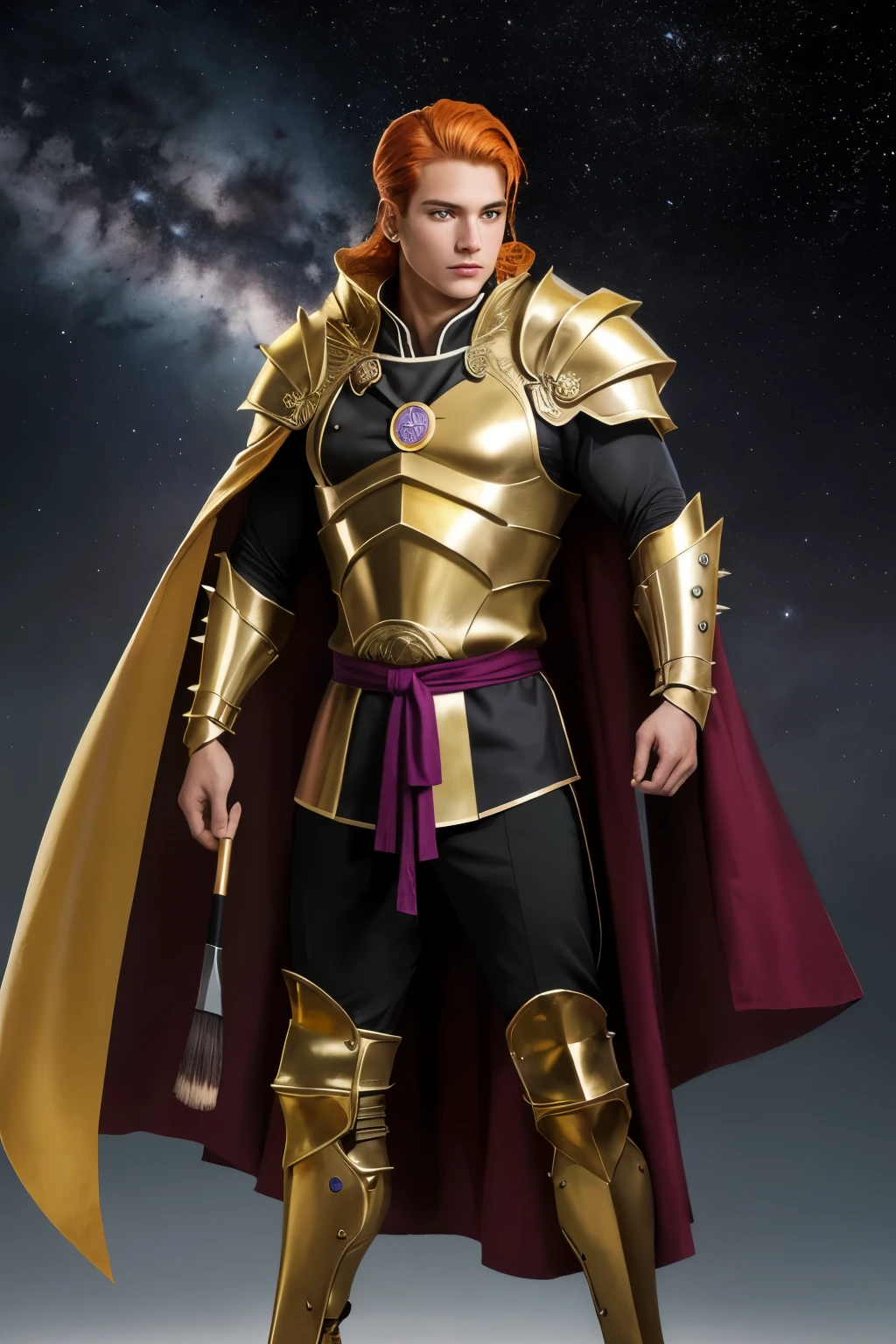 ((best quality)), ((chef-d'artwork)), (detailed), visage parfait,
. Starfire (Male)
Prompt: An 8K ultra-detailed full-body portrait of a young man with a regal bearing. He has short, spiky orange hair and piercing blue eyes that hint at an alien origin. His skin has a vibrant tan, and he wears a modified version of the classic Starfire outfit, reimagined for a male warrior. The design should incorporate elements of gleaming metallic armor with a deep purple chestplate accented by intricate gold details. A flowing yellow cape billows behind him, reminiscent of his royal heritage. Employ a brush style that creates a metallic sheen on the armor and a flowing texture for the cape. His expression exudes confidence and a hint of alien royalty. The background should be a vast expanse of space with a swirling nebula in the distance and a scattering of twinkling stars, conveying the vastness of his cosmic origins.