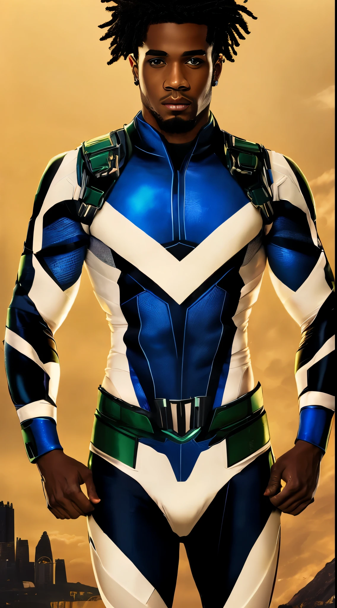 personagem consistente, a mixed-race man with green eyes, Brazilian hero with sportive epic and sci-fi costume colored in white blue black green and res, Heartthrob hero, rapper hero, scenery Rio de Janeiro, resolution 9:16, estilo Marvel e dc, serious but charismatic