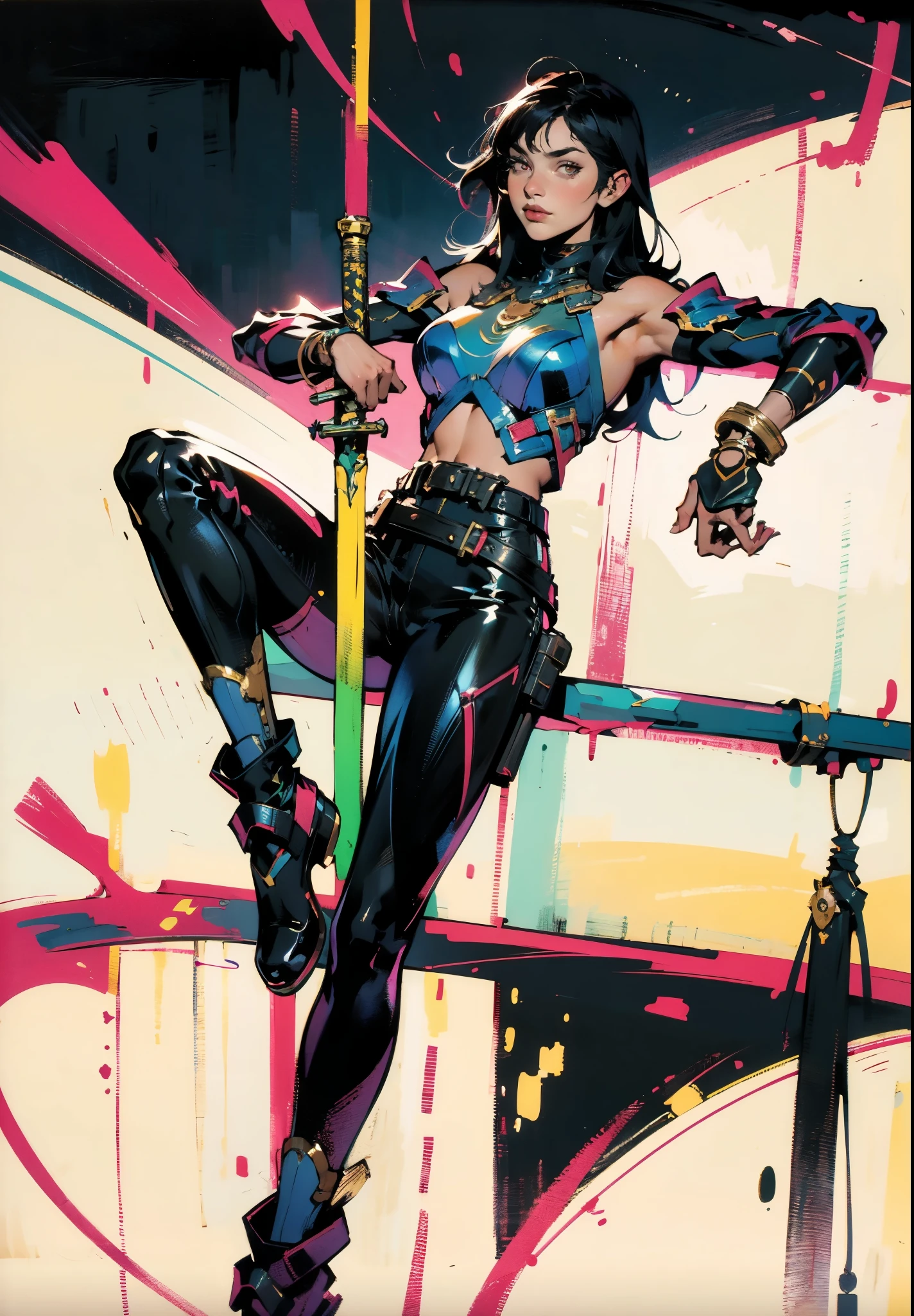 A beautiful woman with long shiny black hair, choppy bangs, a delicate face, a cold proud gaze, a fit figure, a fantasy-style high-necked leather breastplate top, sleeveless, exposes her waist, a bracelet adorns her wrist, tight-fitting leather pants, her right hand holds a longsword with a blue scabbard, she lounges casually sitting, this character embodies a finely crafted fantasy-style bounty hunter in anime style, exquisite and mature manga art style, high definition, best quality, highres, ultra-detailed, ultra-fine painting, extremely delicate, professional, anatomically correct, symmetrical face, extremely detailed eyes and face, high quality eyes, creativity, RAW photo, UHD, 32k, Natural light, cinematic lighting, masterpiece-anatomy-perfect, masterpiece:1.5