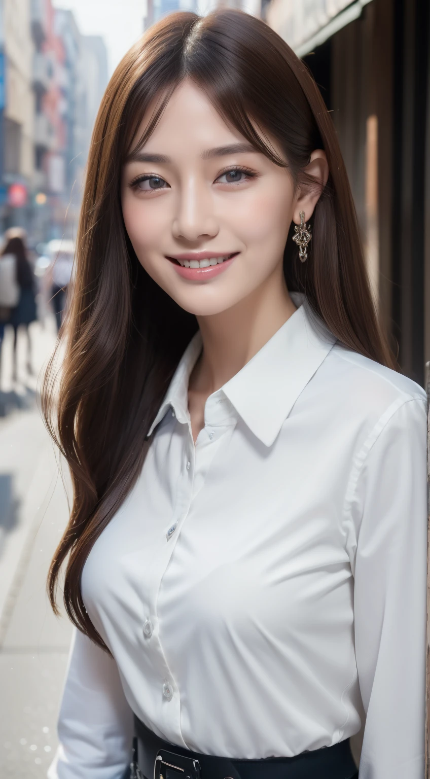 ((top-quality、8K、masterpiece:1.3))、1girl in、A smile、full body Esbian、Slim Faces、Pretty women、(dark brown hair)、(White button-up long shirt:1.1)、hyperdetailed face、A detailed eye、double eyelid、blured background、Slim Faces、City、takeout、a street、