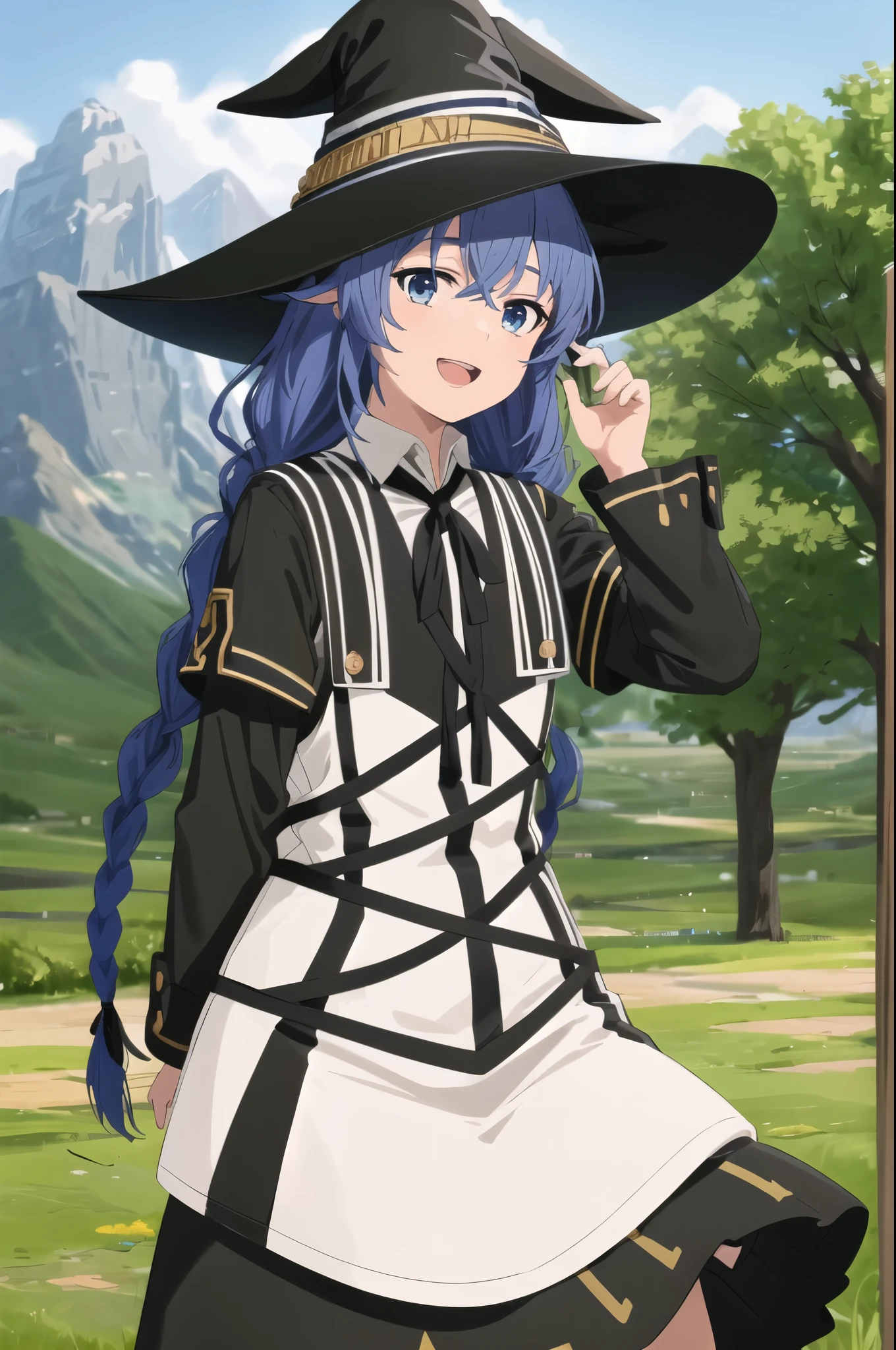 best quality, (masterpiece:1.2), detailed,
1girl, solo, open mouth, light smile,
twin braids, long hair, blue hair, blue eyes,
white dress, neck ribbon, black ribbon, black skirt, witch hat, black hat,
standing, looking at the viewer,
outdoors, grass, tree, mountain