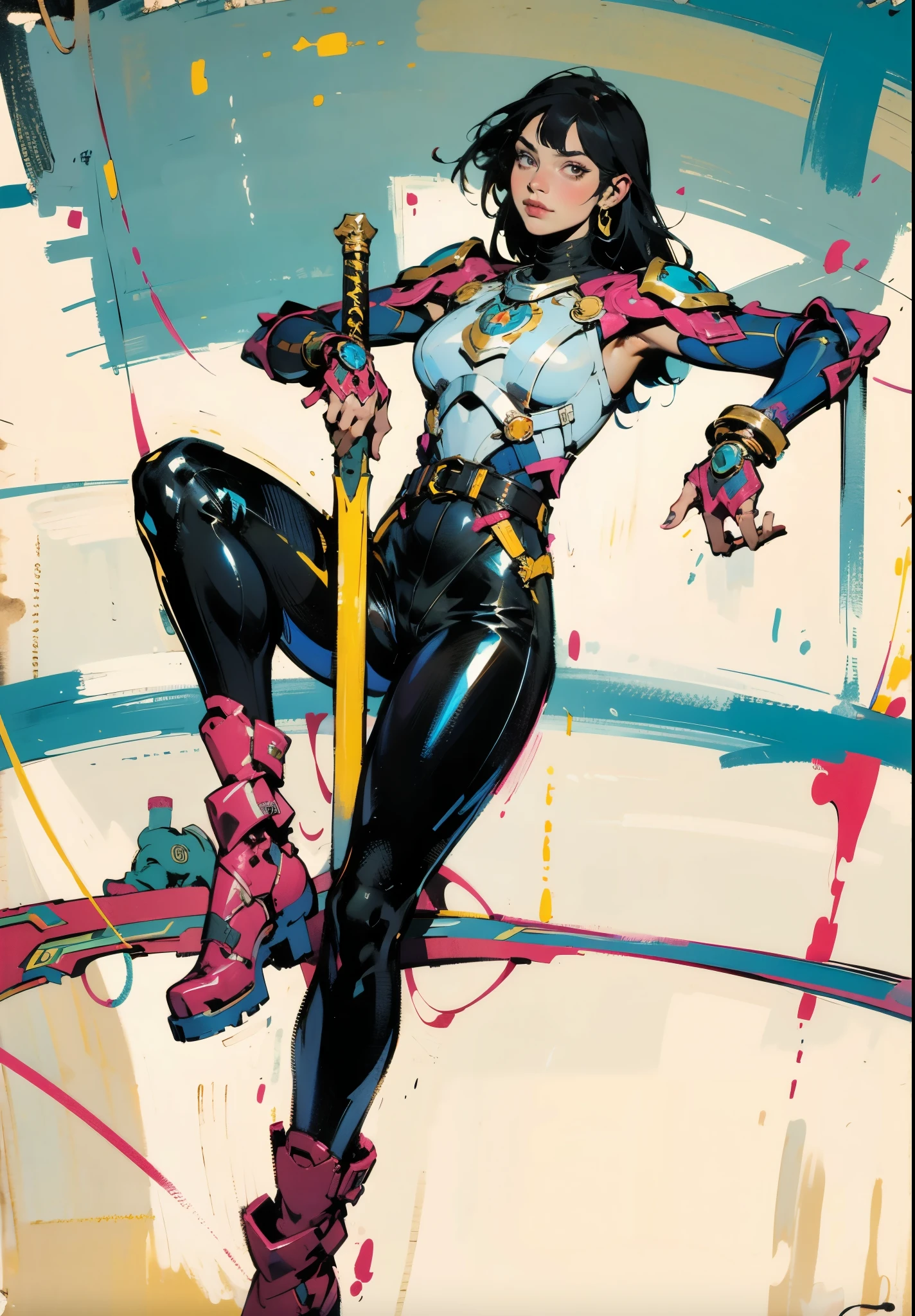A beautiful woman with long shiny black hair, choppy bangs, a delicate face, a cold proud gaze, a fit figure, a fantasy-style high-necked leather breastplate top, sleeveless, exposes her waist, a bracelet adorns her wrist, tight-fitting leather pants, her right hand holds a longsword with a blue scabbard, she lounges casually sitting, this character embodies a finely crafted fantasy-style bounty hunter in anime style, exquisite and mature manga art style, high definition, best quality, highres, ultra-detailed, ultra-fine painting, extremely delicate, professional, anatomically correct, symmetrical face, extremely detailed eyes and face, high quality eyes, creativity, RAW photo, UHD, 32k, Natural light, cinematic lighting, masterpiece-anatomy-perfect, masterpiece:1.5