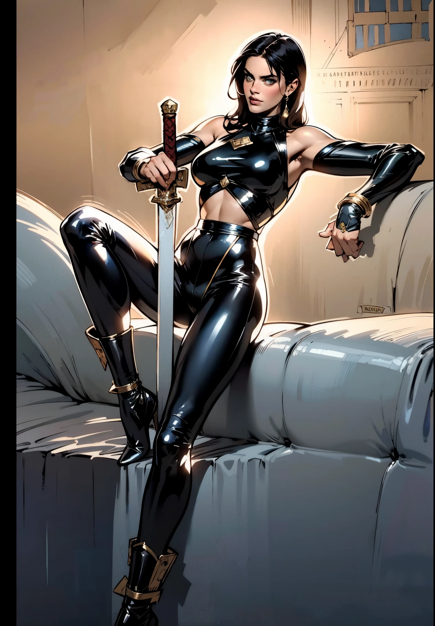 A beautiful woman with long shiny black hair, choppy bangs, a delicate face, a cold proud gaze, a fit figure, a fantasy-style high-necked leather breastplate top, sleeveless, exposes her waist, a bracelet adorns her wrist, tight-fitting leather pants, her right hand holds a longsword with a blue scabbard, she lounges casually sitting, this character embodies a finely crafted fantasy-style bounty hunter in anime style, exquisite and mature manga art style, (Alexandra Daddario:1.2), high definition, best quality, highres, ultra-detailed, ultra-fine painting, extremely delicate, professional, anatomically correct, symmetrical face, extremely detailed eyes and face, high quality eyes, creativity, RAW photo, UHD, 32k, Natural light, cinematic lighting, masterpiece-anatomy-perfect, masterpiece:1.5