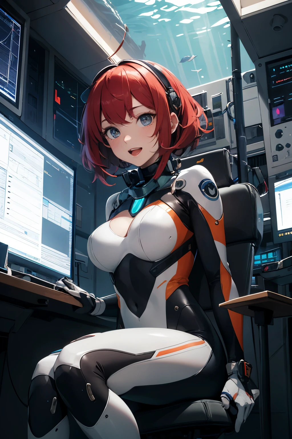 masterpiece , best quality , 1 sexy girl , solo , full body tight suit and bowtie , (covered nipples:0.9) , (gigantic tits:1.2) , (thick arm:1.1) , thick thigh , gigantic hip , (gold hair:1.1) , short hair , (plump:1.1) , robot joint , robot shoulder , embedded in machinery , lying on small sci-fi cockpit , surrounded by sci-fi machinery and monitor , folded , cable attached to the whole body ,spread legs , ahegao ,muscular , suit and tie, formal suit uniform, big shirt collar, formal white dress shirt, formal suit coat, huge giant red bowtie, formal suit clothing, high collar, sex machine, vaginal insertion, shooting a gatling gun, mechanical gatling gun, machine gun