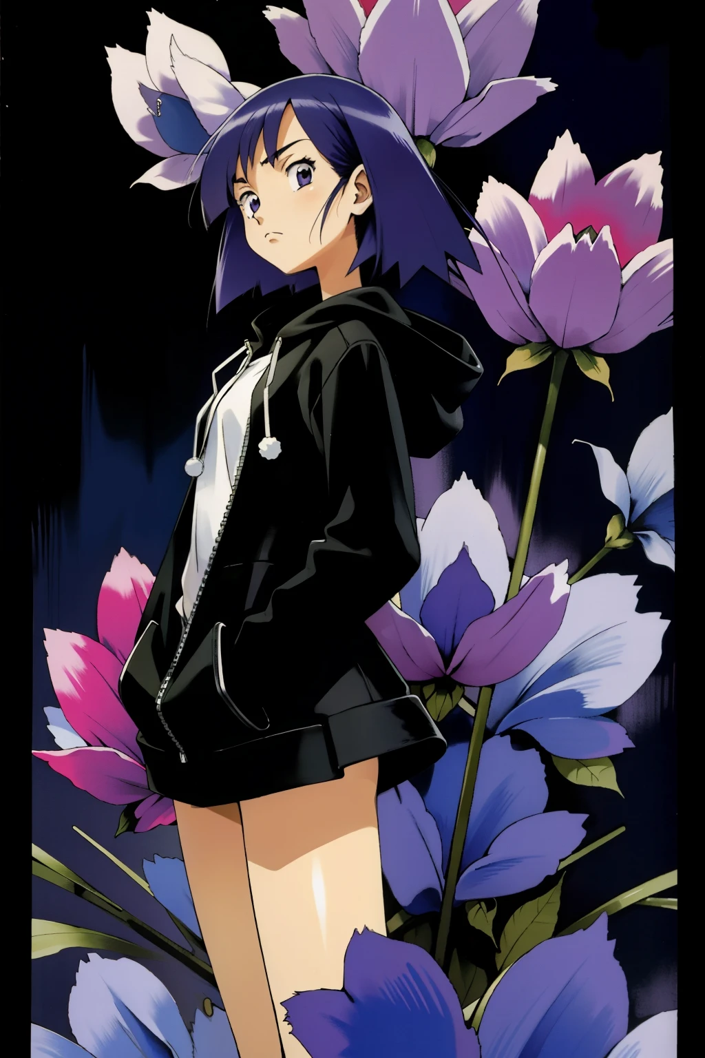 by Ken Sugimori, sugimori 1990s, ((only 1woman)), black hoody, hood pulled up, sad, depressed, hood over head, mini skirt, short purple hair, red flowers in the background ((hands behind their back)), full black pupils, manga, best quality, highly detailed, clean lines, cowboy shot, good hands, good eyes, hd, 8k, professional, symmetrical, hires, 8k,