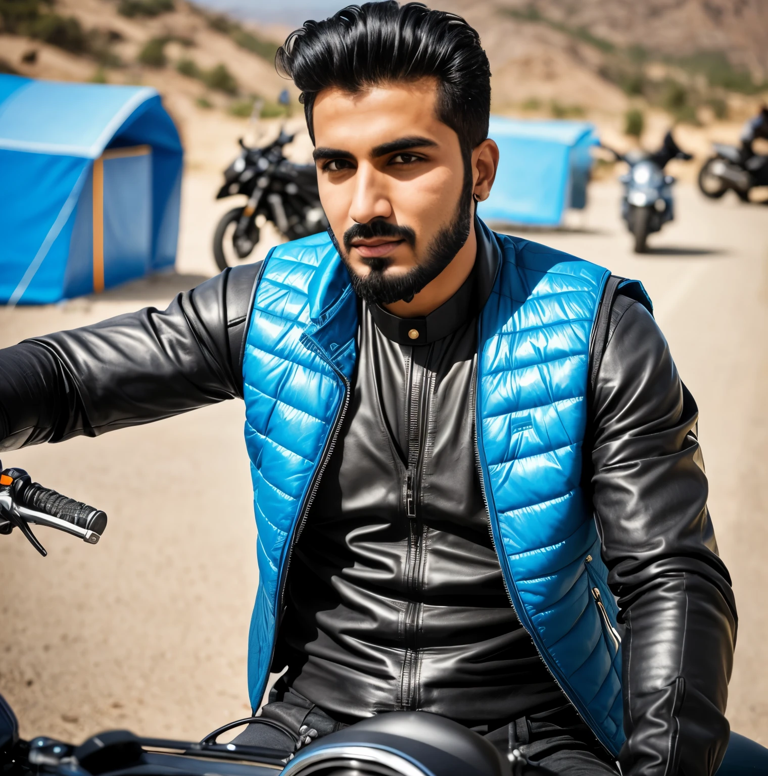 there is a man sitting on a motorcycle with a blue vest, khyzyl saleem, ash thorp khyzyl saleem, kyza saleem, an afghan male type, sayem reza, enes dirig, profile picture 1024px, shabab alizadeh, mohamed chahin, by Abdullah Gërguri