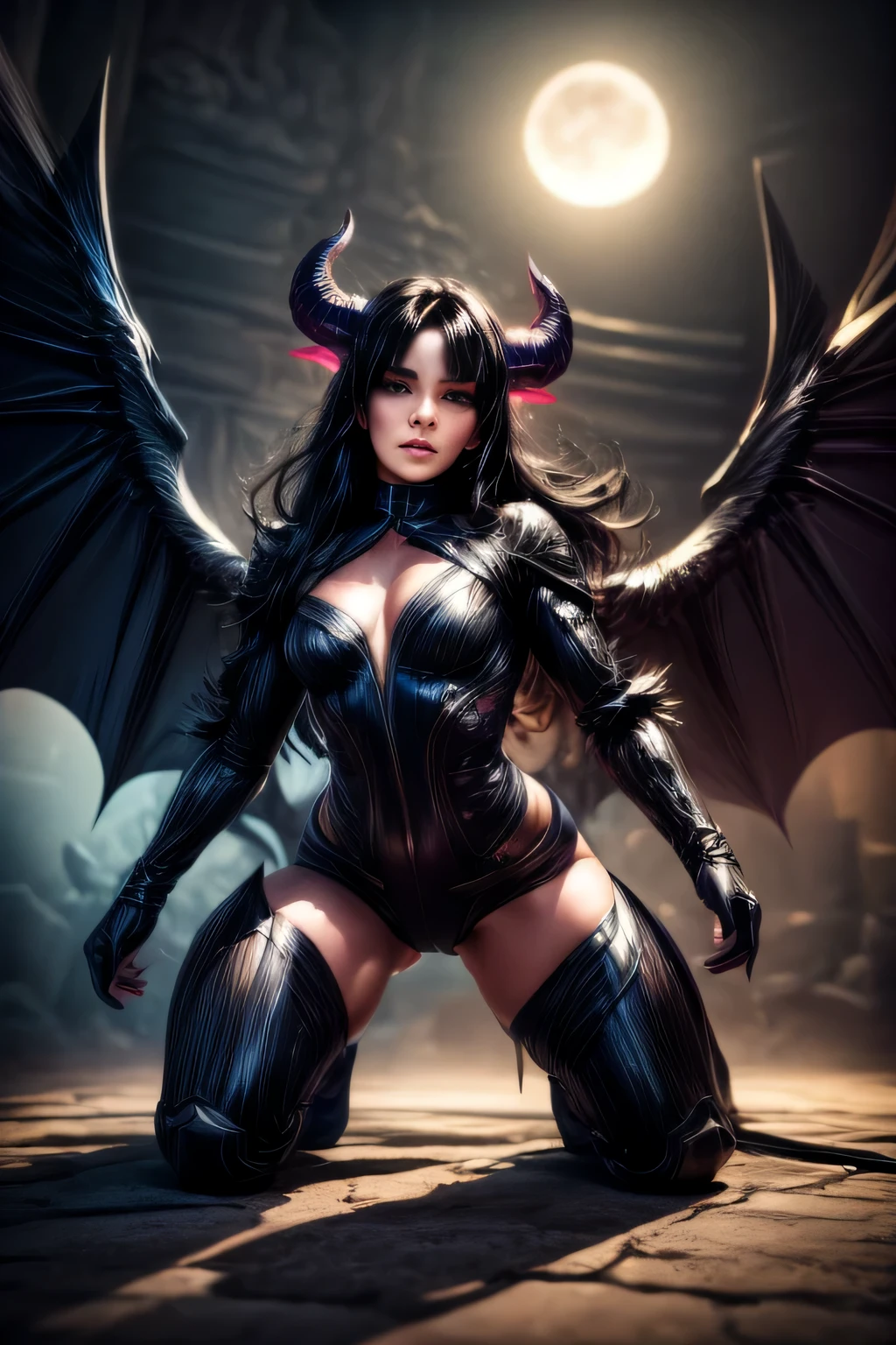 (best quality,4k,8k,highres,masterpiece:1.2),ultra-detailed,(realistic,photorealistic,photo-realistic:1.37), (girl like a succubus with small wings out of hell), full body, intense expression, demon small Wings, flowing long and thick hair, athletic physique, dark clothes, dramatic lighting, high contrast, powerful dynamic lines, vibrant colors, fierce eyes, sharp fangs, ethereal atmosphere, intense energy, flying objects, shattered debris, swirling smoke, epic background, moonlit night, mysterious shadows
,demonictech,better_hands,hands