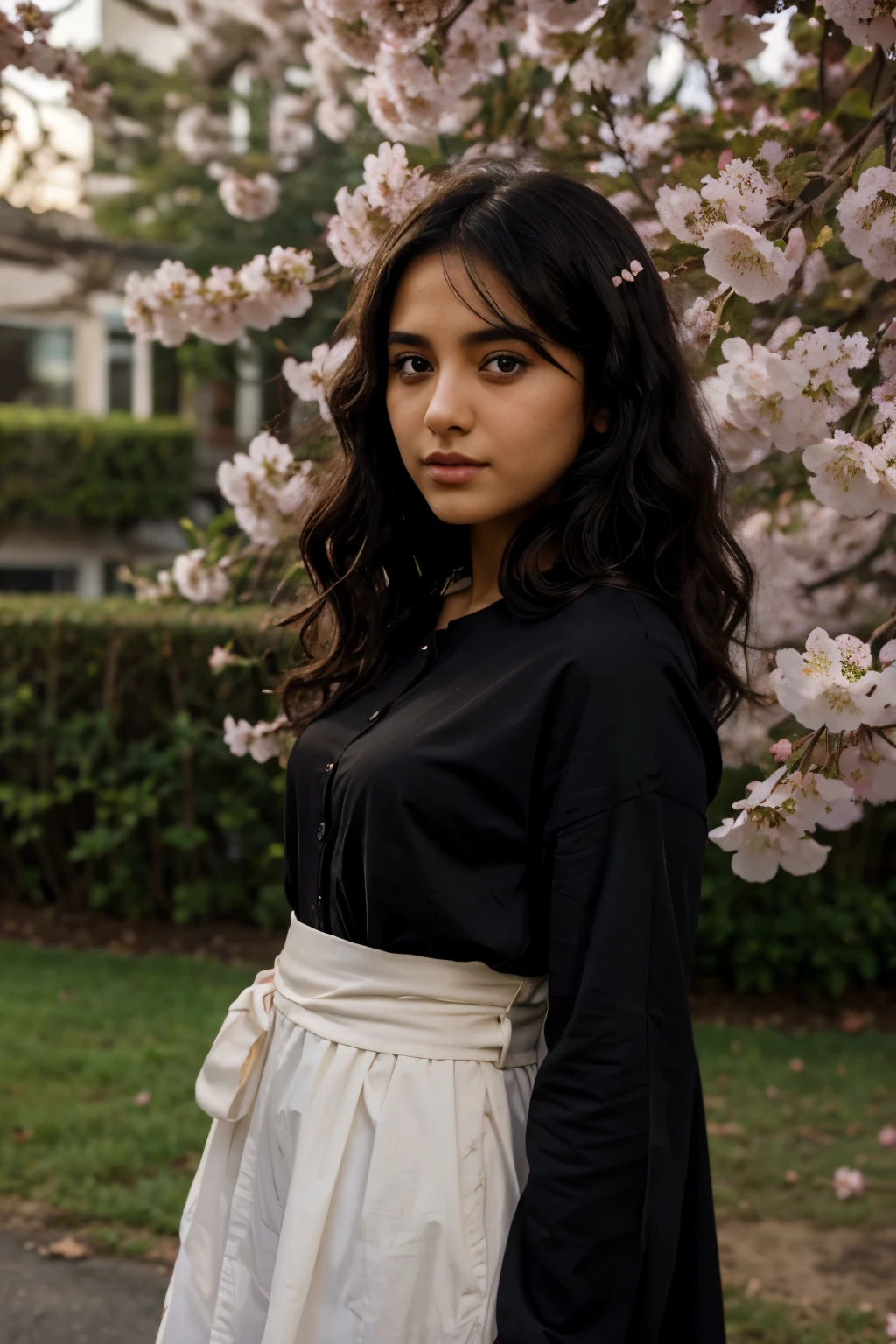 green eyed arab girl with dark skin and curly black hair, cherry blossom in the background, dusk