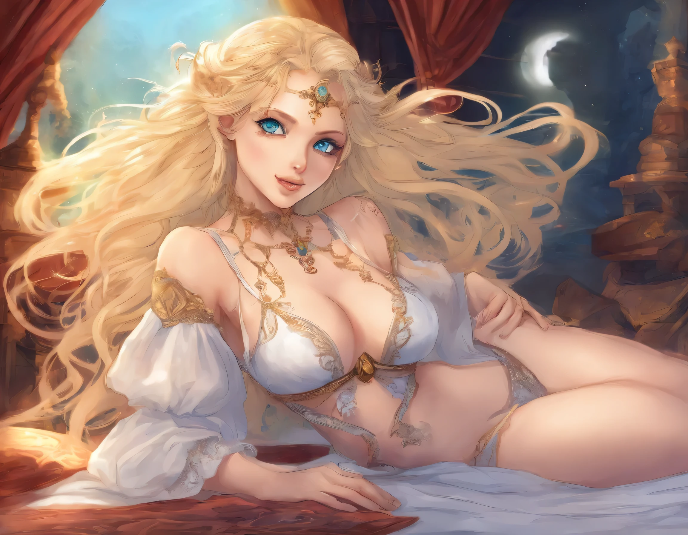 beautiful young sun elf woman (soft big blue eyes, long blonde hair, big breasts, big lips, big hipps, lying down, cleavage, PJ top, boy short style panties, suspender stocking), bed watching TV, full body