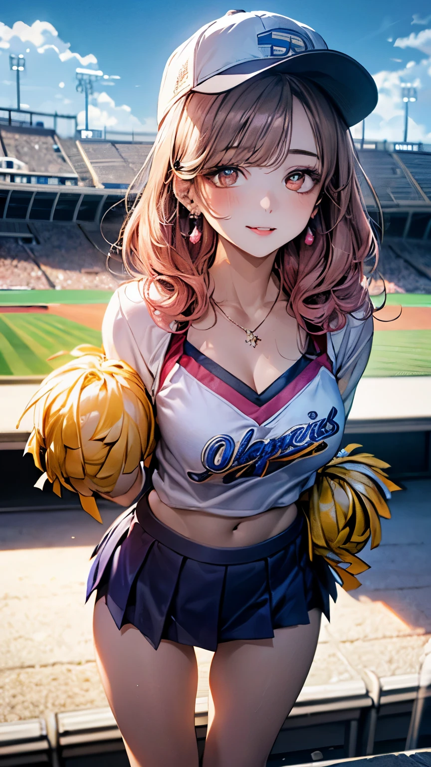 (masterpiece:1.3, top-quality, ultra high res, ultra detailed), (realistic, photorealistic:1.4), beautiful illustration, perfect lighting, natural lighting, colorful, depth of fields,
beautiful detailed hair, beautiful detailed face, beautiful detailed eyes, beautiful clavicle, beautiful body, beautiful chest, beautiful thigh, beautiful legs, beautiful fingers,
looking at viewer, full body, 1 girl, princess, perfect face, (perfect anatomy, anatomically correct), cute and symmetrical face, babyface, shiny skin, (tsundere:1.3),
({short hair | long hair}, curly hair, light pink hair), bangs, brown eyes, drooping eyes, long eye lasher, (medium breasts), slender, hair ornament, lace-trimmed hairband, necklace, earrings,
(beautiful scenery),dynamic pose, (seductive smile, upper eyes, parted lips),(cheerleader with large pompom: 1.4), (stadium: 1.5), (slender: 1.3), (baseball cap:1.2),(baseball uniform:1.2), blue mini skirt, mini skirt with white line, crouching, showing panties, pink panties,