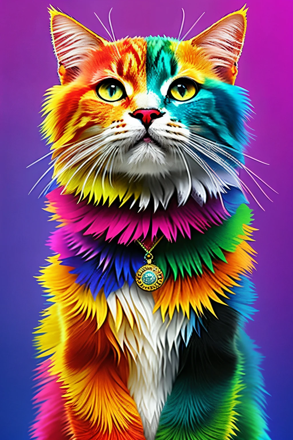 Vibrant and lively collection of colorful cats, each with unique hues and patterns adorning their coats. The felines are depicted in various playful poses, showcasing their expressive personalities and feline grace. The artwork evokes a sense of warmth and joy, with each cat's eyes filled with curiosity and mischief. The background is soft and blurred, drawing the focus to the cats, making this an appealing and delightful piece of art. High definition, full of color, lively and playful, captivating and irresistible, best quality, high detail, cinematic lighting.