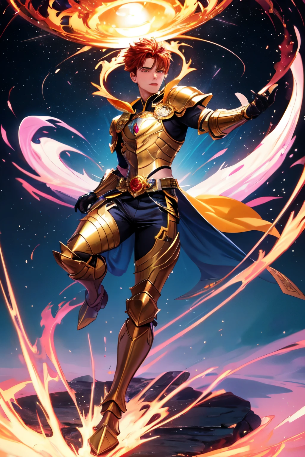 ((best quality)), ((chef-d&#39;artwork)), (detailed), visage parfait,  intricately detailed face
. Starfire (Male)

Prompt: An 8K ultra-detailed full-body portrait of a young man with a regal bearing. He has short, spiky orange hair and piercing blue eyes that hint at an alien origin. His skin has a vibrant tan, and he wears a modified version of the classic Starfire outfit, reimagined for a male warrior. The design should incorporate elements of gleaming metallic armor with a deep purple chestplate accented by intricate gold details. A flowing yellow cape billows behind him, reminiscent of his royal heritage. Employ a brush style that creates a metallic sheen on the armor and a flowing texture for the cape. His expression exudes confidence and a hint of alien royalty. The background should be a vast expanse of space with a swirling nebula in the distance and a scattering of twinkling stars, conveying the vastness of his cosmic origins.

