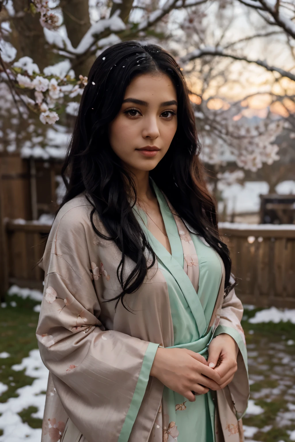 fille arabe, aux yeux vert, with dark skin, with long curly black hair, dressed in snow kimono, cherry blossom in the background, dusk