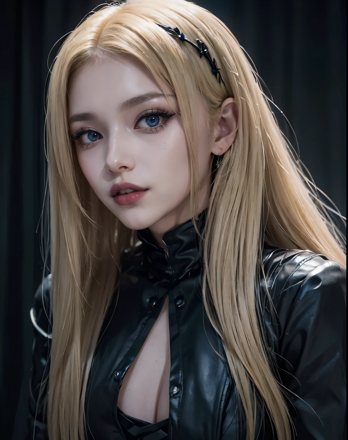 1girl, (Blue eyes), (Smile), (Sana Minatozaki), (close-up at faces :1.3), (beautiful gothic makeup :1.2), wide hips, Big , big ass, (Best Quality, 8k, Masterpiece: 1.3), perfect hands, Clear Focus: 1.2, Perfect Body Beauty: 1.4, Highly detailed face and skin texture, detailed eyes, double eyelids, red lips, (blonde long straight hair :1.3), (black gothic dress :1.2), (black corset :1.1), (black veil :1.1), standing, front view :1.2, ((dark theme :1.3)), (darkness), in a gothic room, dark environment