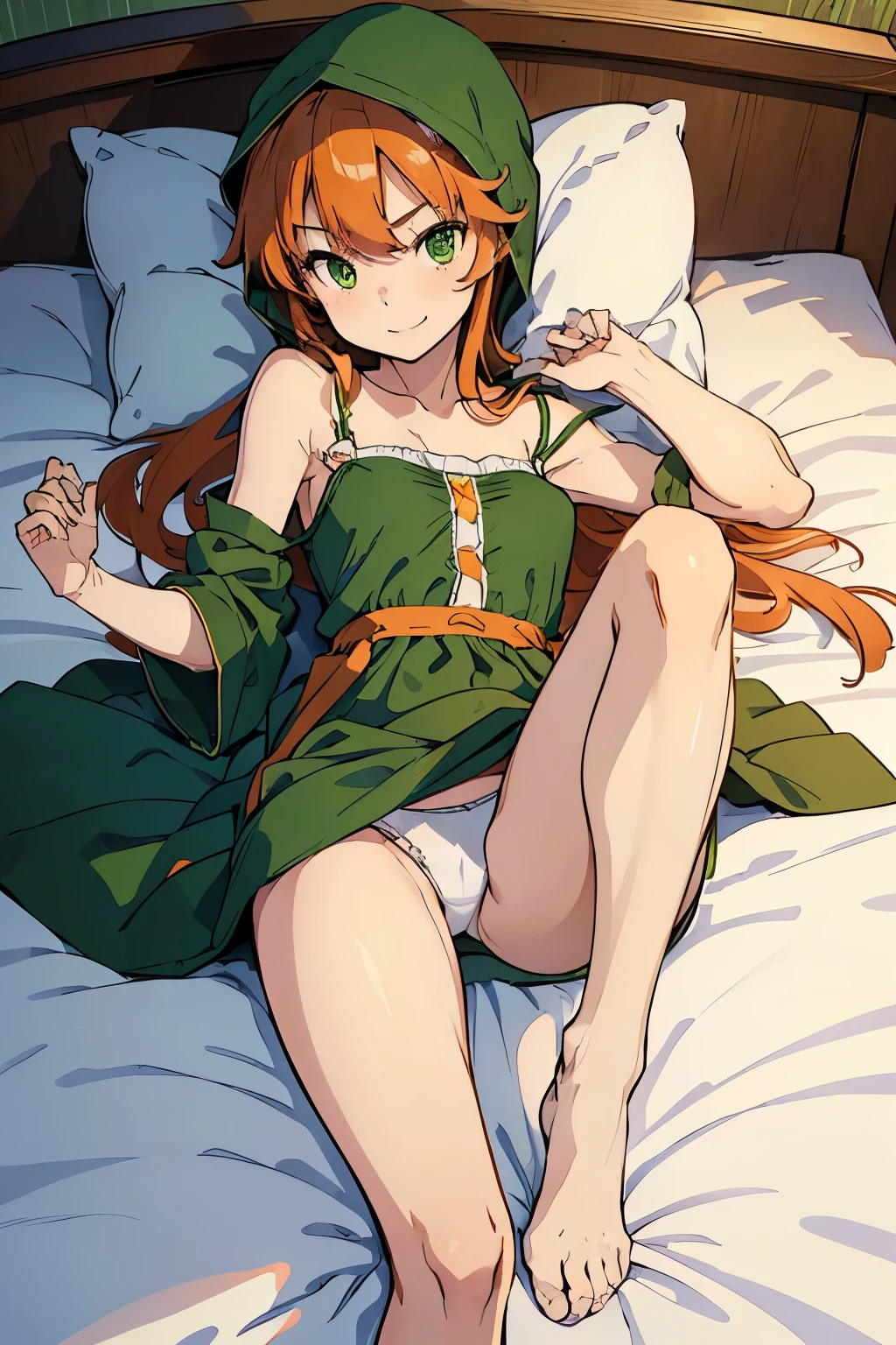 High resolution、highest quality、1 girl、small height、small shoulder width、smile、white skin、long hair、brown orange hair、(hood, long green dress, short green sleeves)、(slender、Are thin、thin legs)、thin thighuscular、(big boobs)、(camisole、simple dress、white panties)、(((lie in bed)))