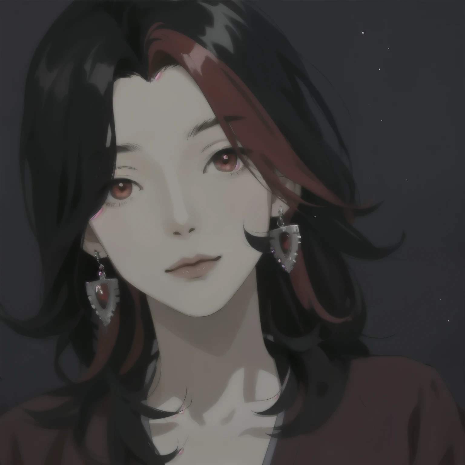 anime boy with long black hair and red eyes wearing earrings,